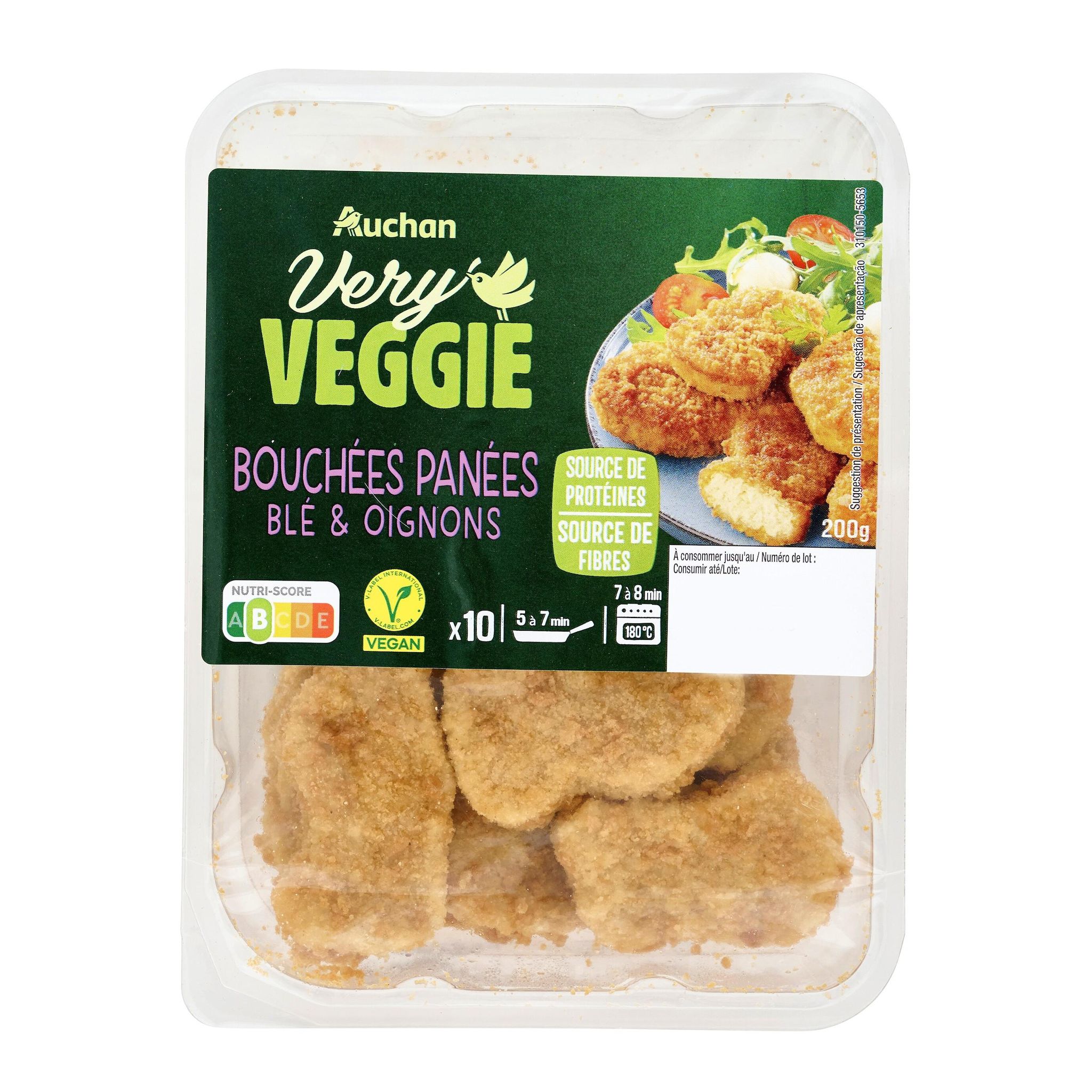 Voir la diapositive 3 : AUCHAN VERY VEGGIE Veggie bouchées blé et oignons 2 parts 200g