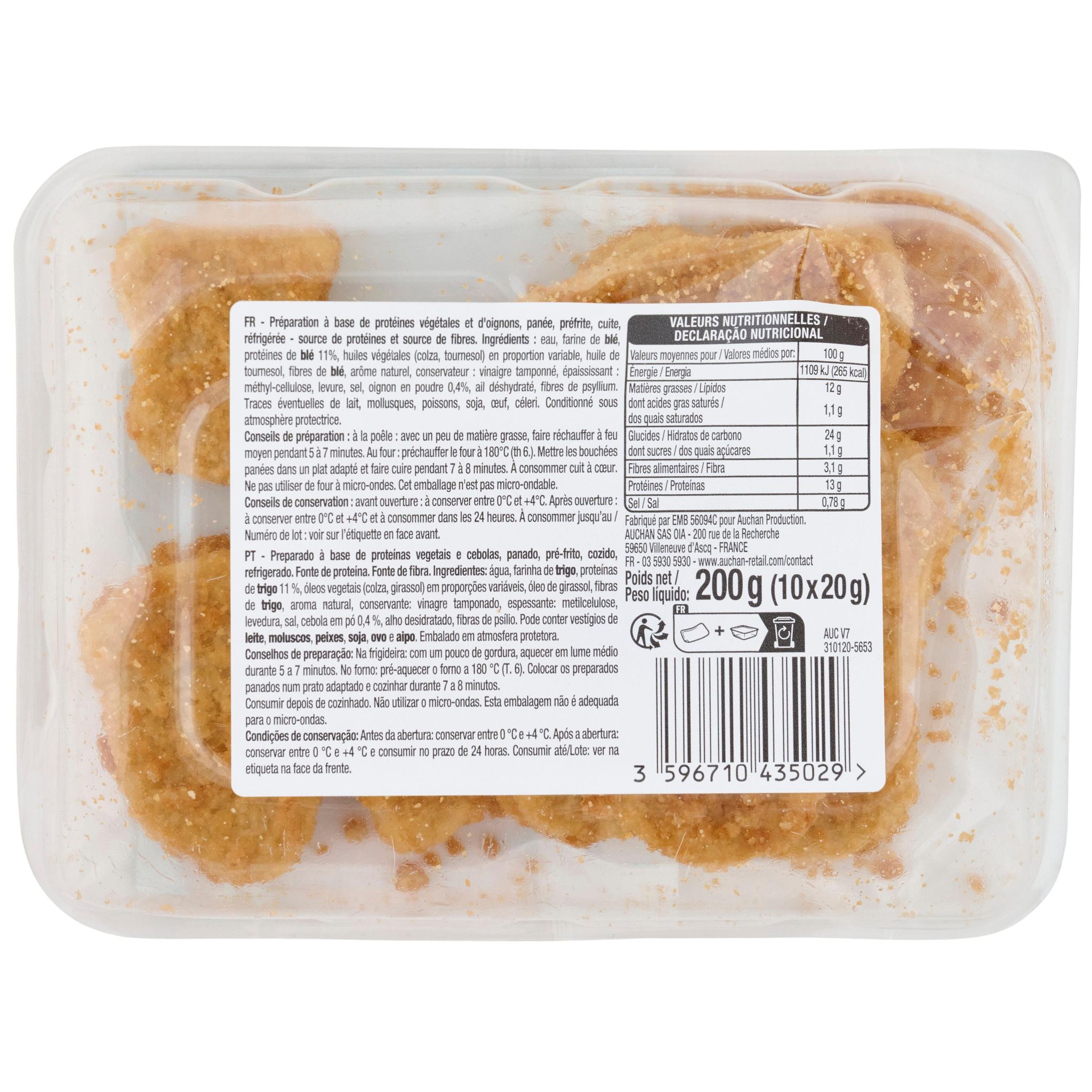 Voir la diapositive 4 : AUCHAN VERY VEGGIE Veggie bouchées blé et oignons 2 parts 200g