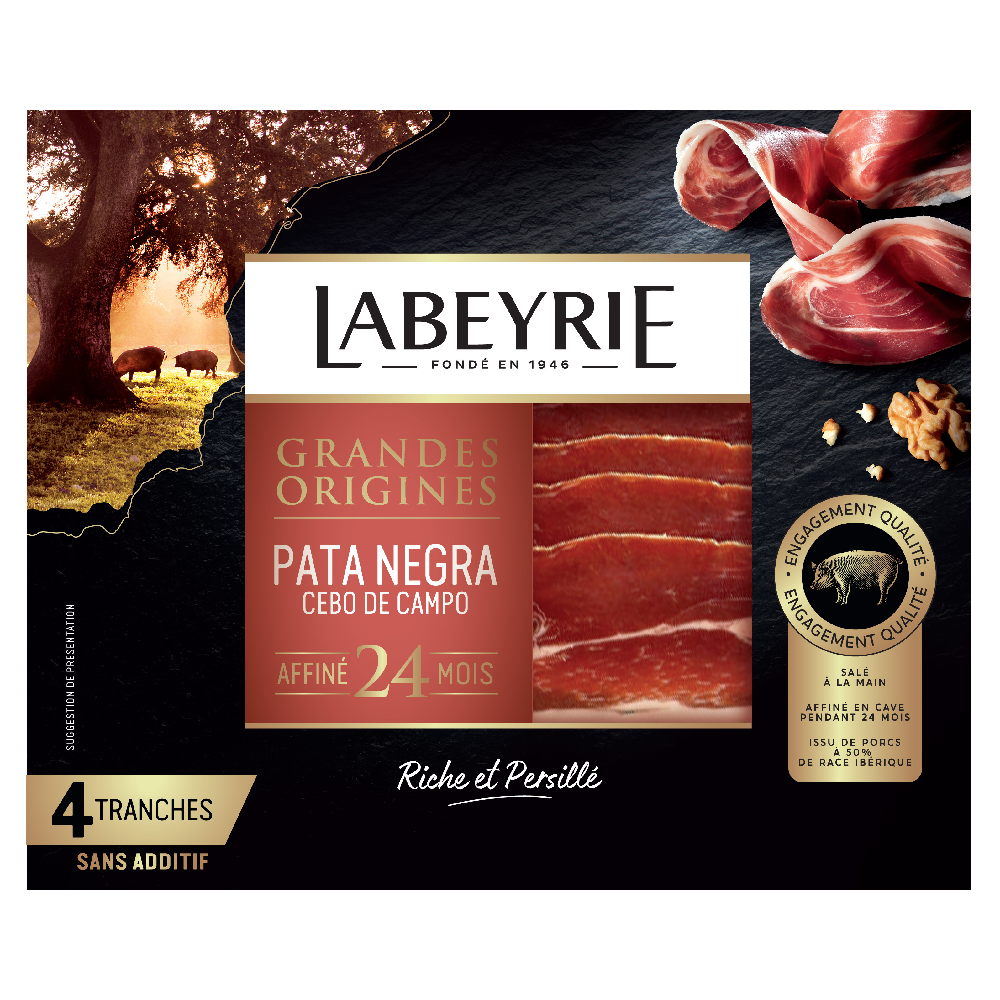 Voir la diapositive 2 : LABEYRIE Jambon ibérique Pata Negra 24 mois d'affinage 4 tranches fines 60g