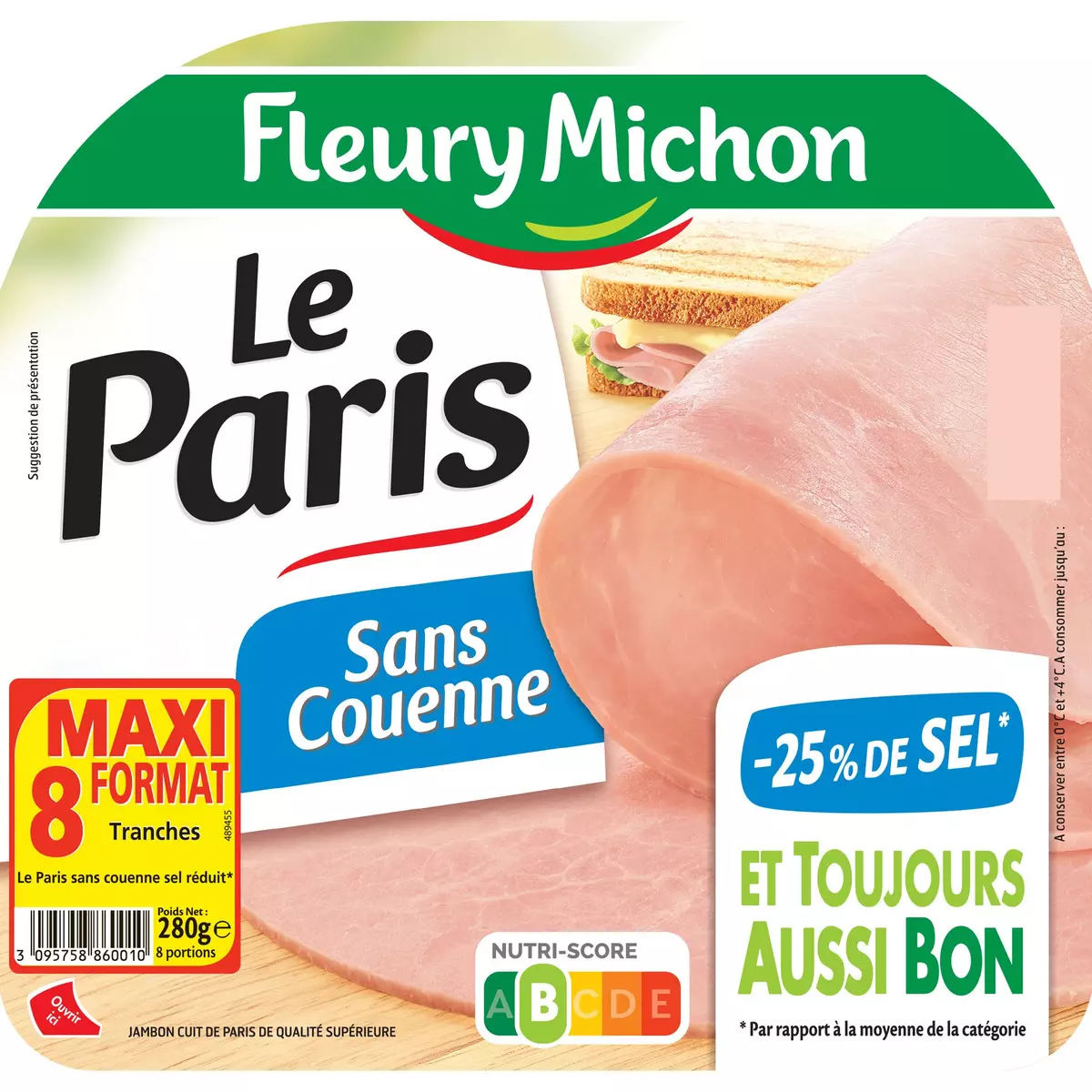 FLEURY MICHON Jambon blanc -25% de sel sans couenne 8 tranches 280g