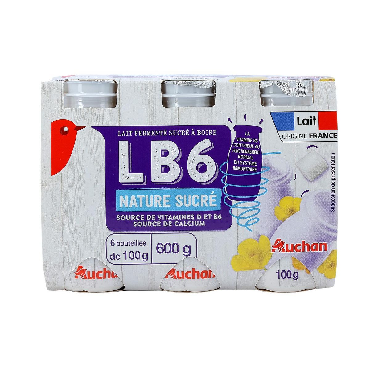 AUCHAN Yaourt à boire nature sucré 6x100g