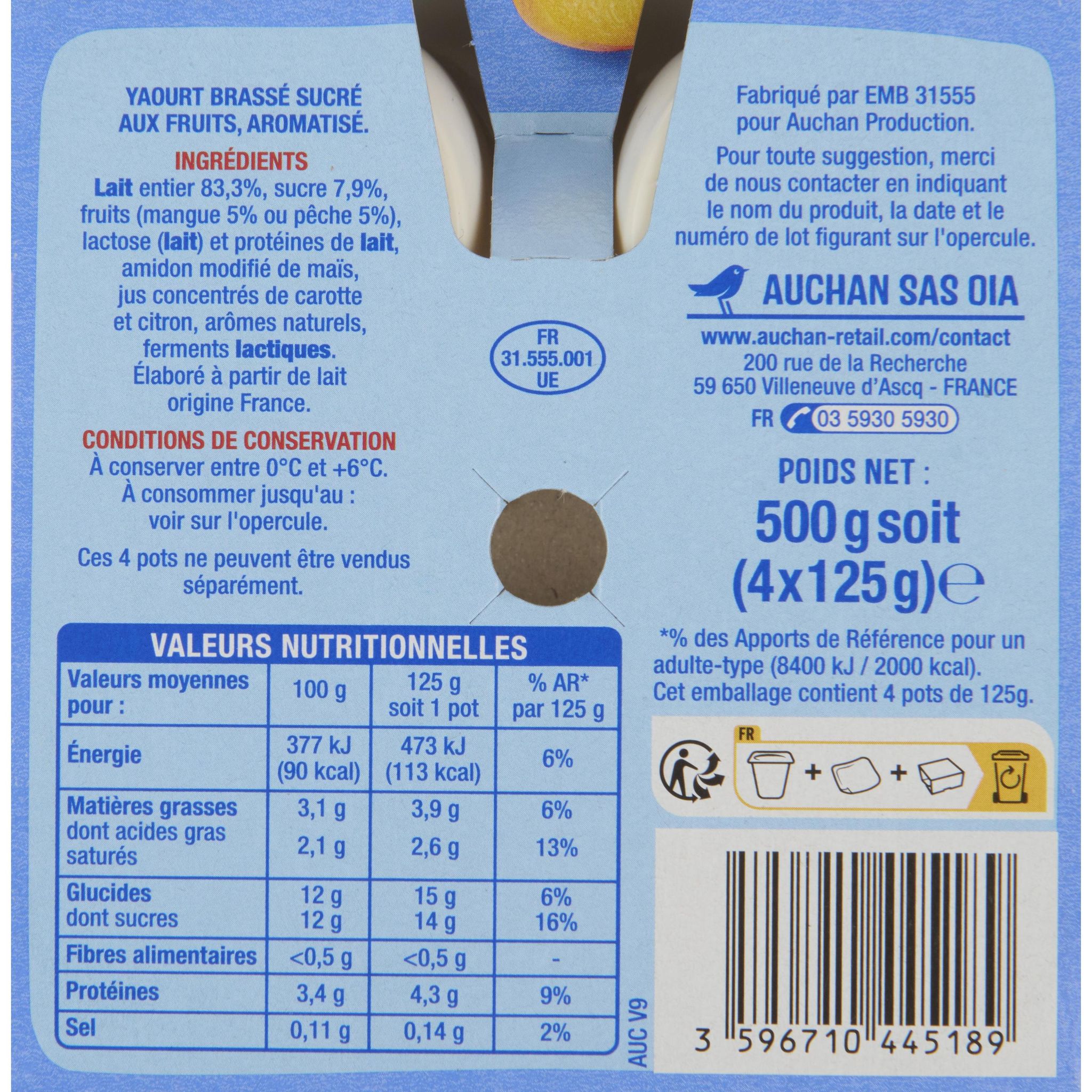 Voir la diapositive 2 : AUCHAN Les mixés - Yaourt brassé à la mangue-abricot-nectarine 4x125g