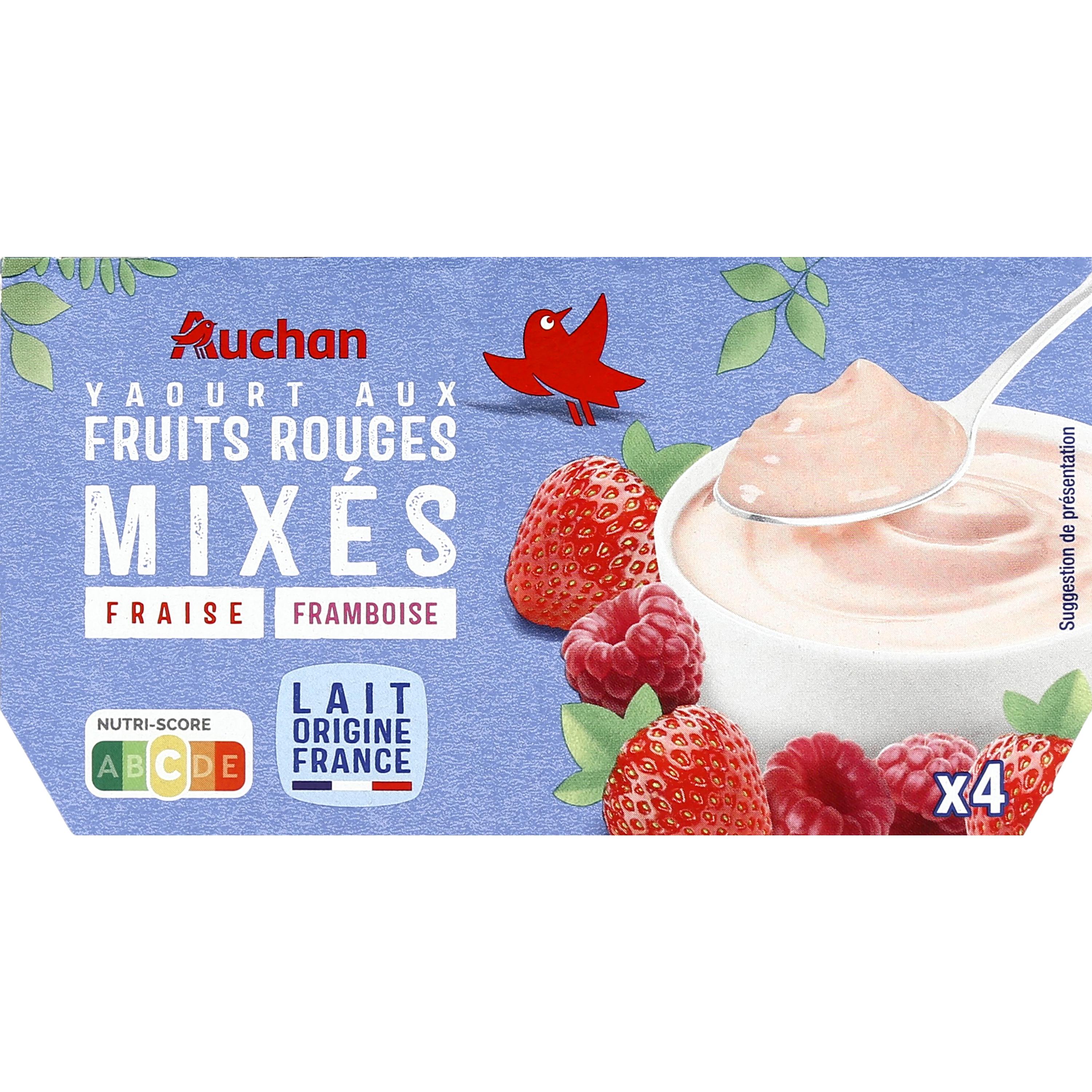 Voir la diapositive 2 : AUCHAN Les mixés - Yaourt brassé à la fraise-framboise-fruits rouges 4x125g