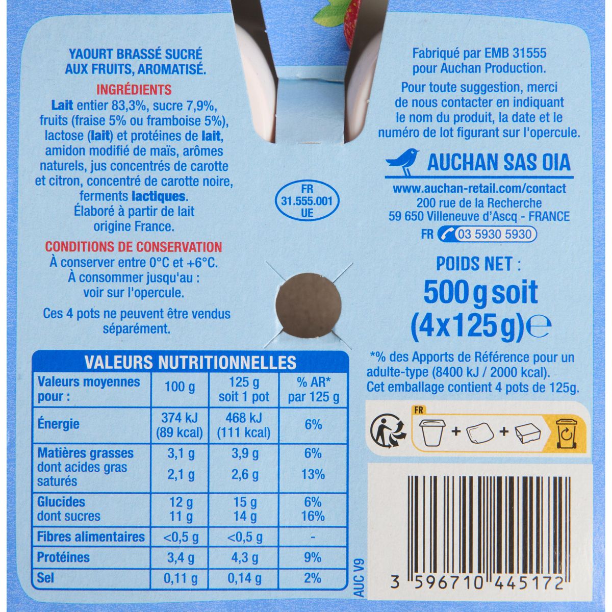 AUCHAN Les mixés - Yaourt brassé à la fraise-framboise-fruits rouges 4x125g