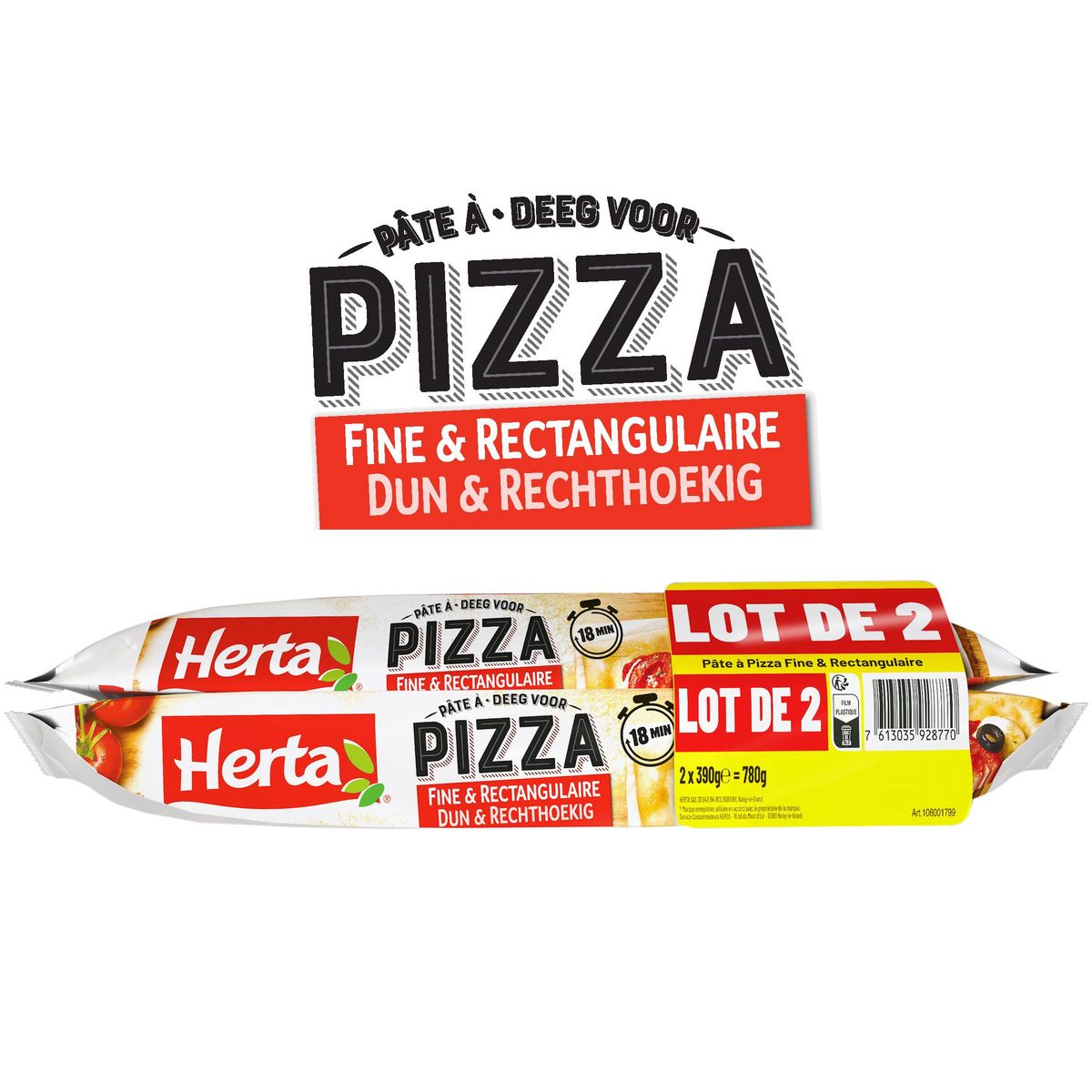 HERTA Pâte à pizza fine et rectangulaire 2x390g