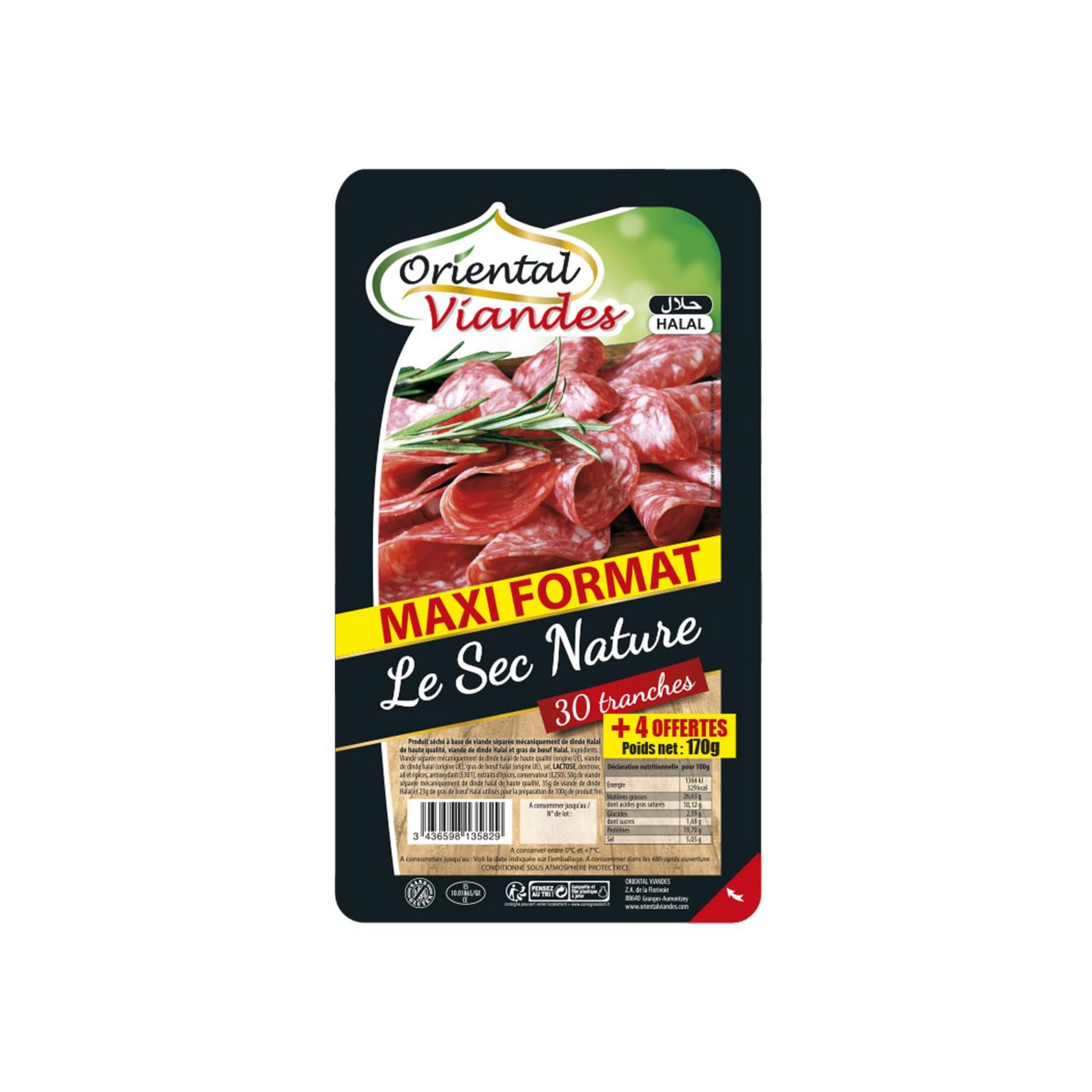 ORIENTAL VIANDES Le sec entier nature halal 30 tranches+4 offertes 170g
