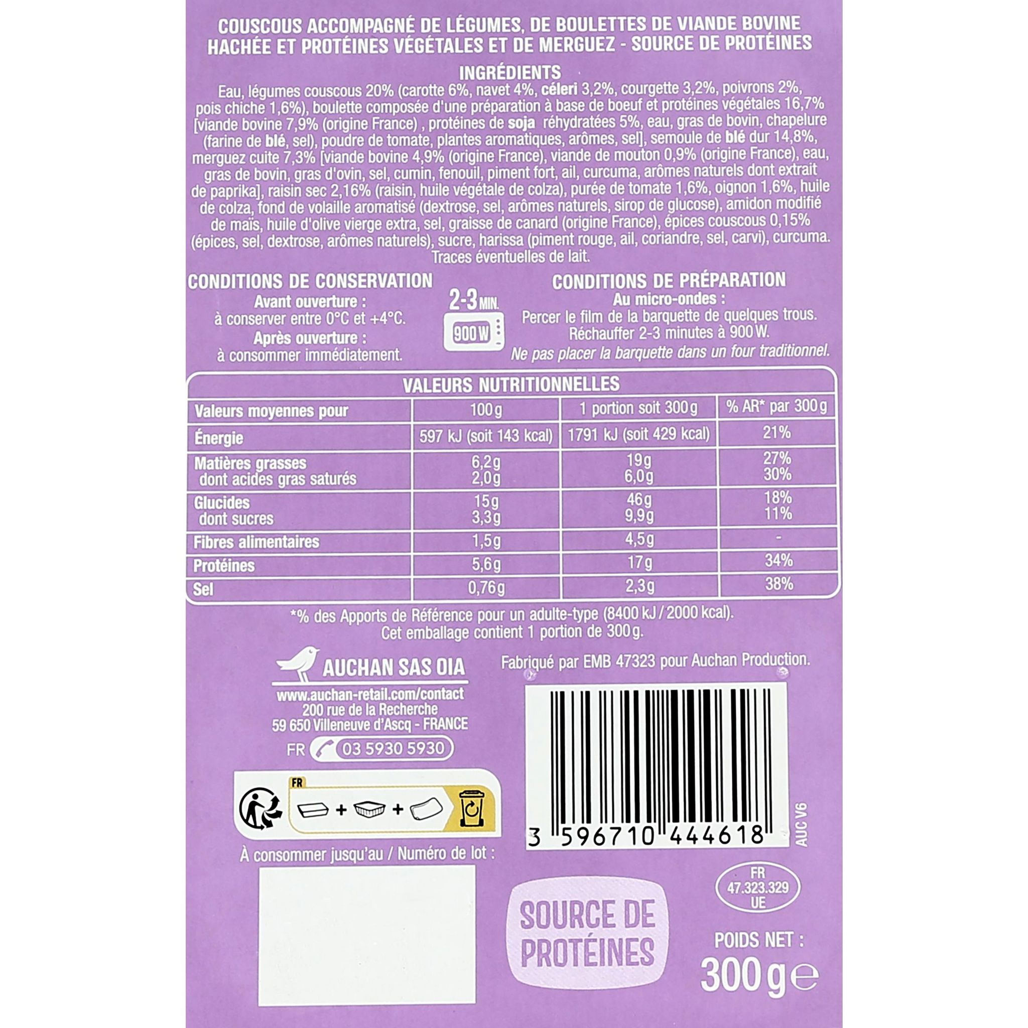 Voir la diapositive 4 : AUCHAN Couscous boulettes de boeuf 1 part 300g
