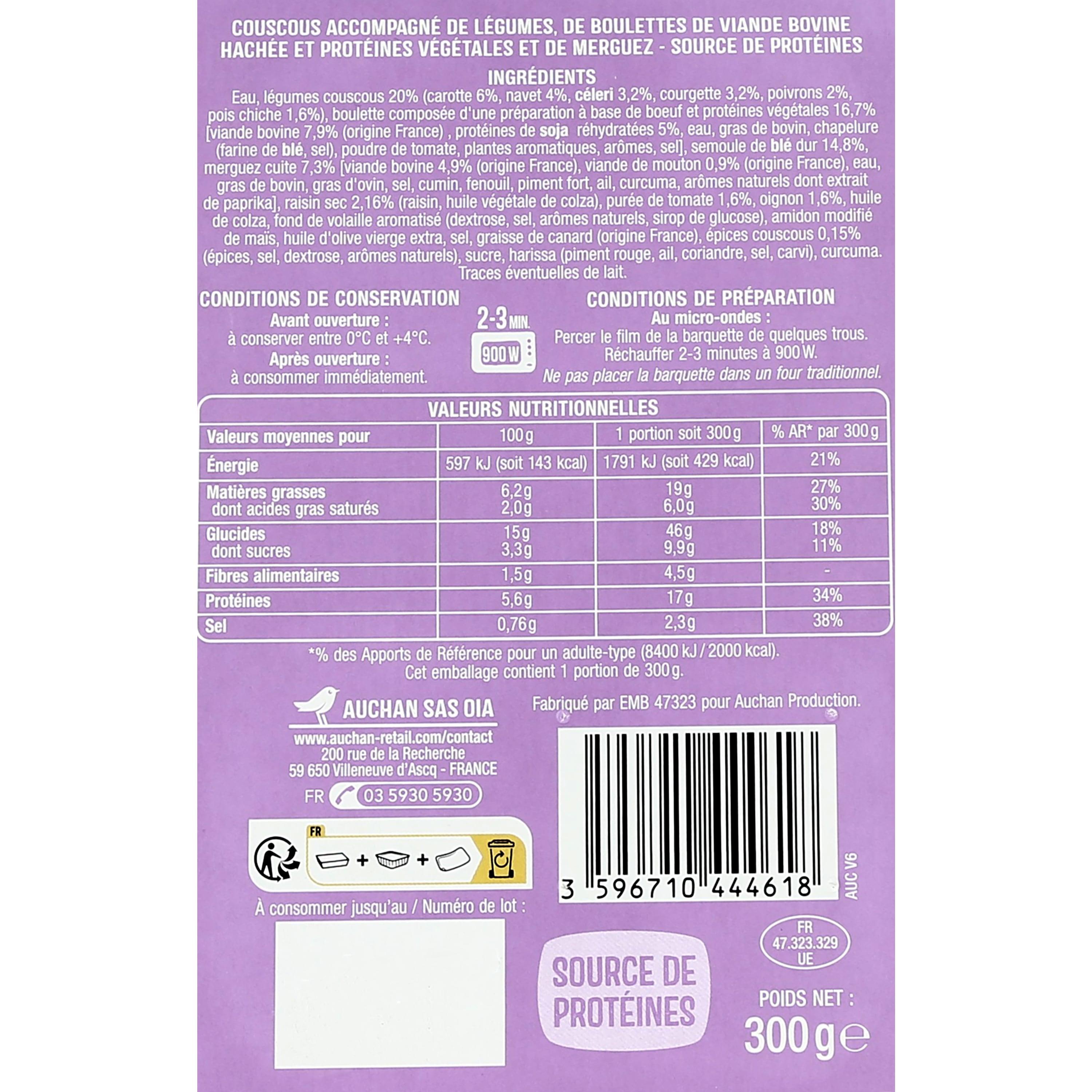 Voir la diapositive 5 : AUCHAN Couscous boulettes de boeuf 1 part 300g