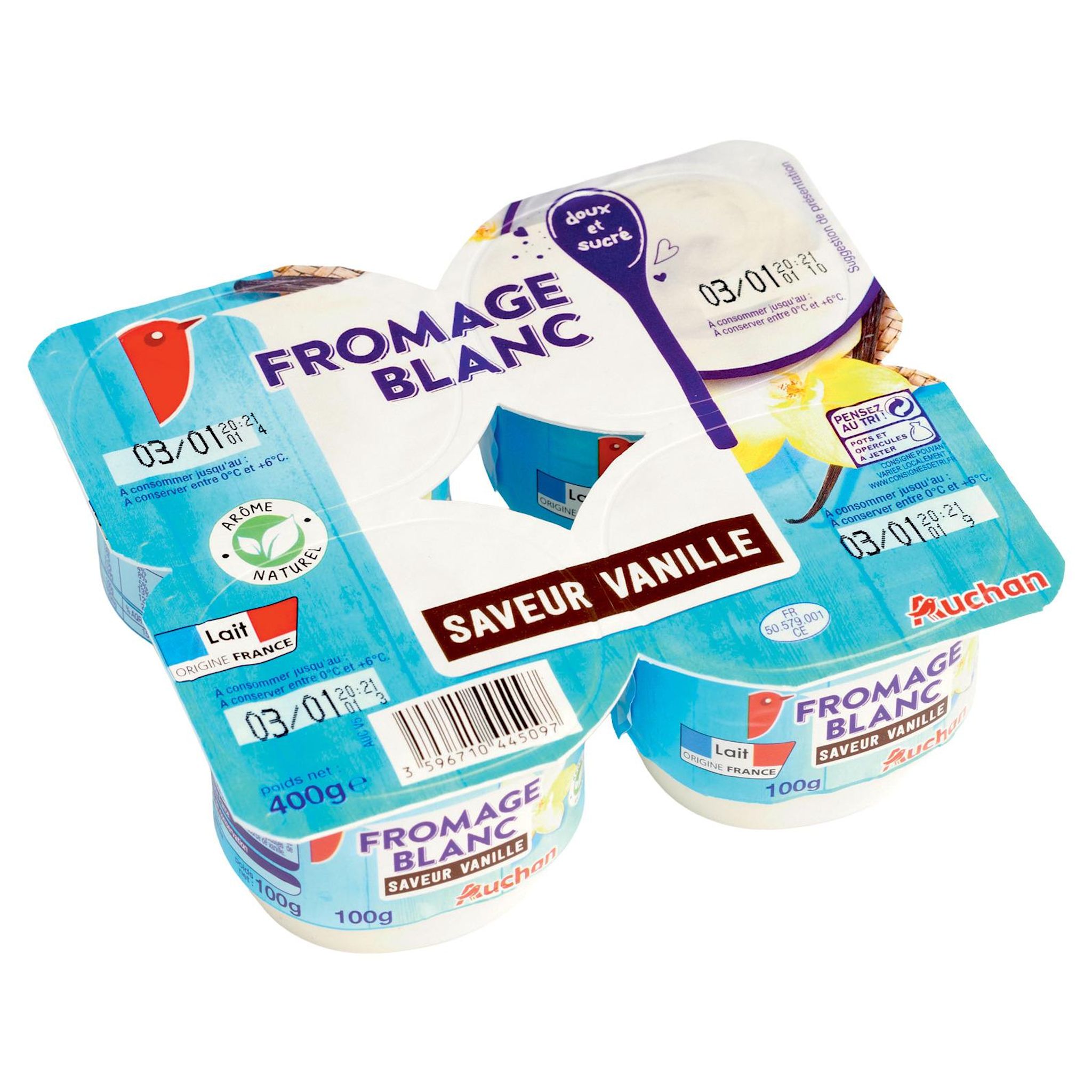 Voir la diapositive 2 : AUCHAN Fromage blanc saveur vanille 2.5% MG 4x100g