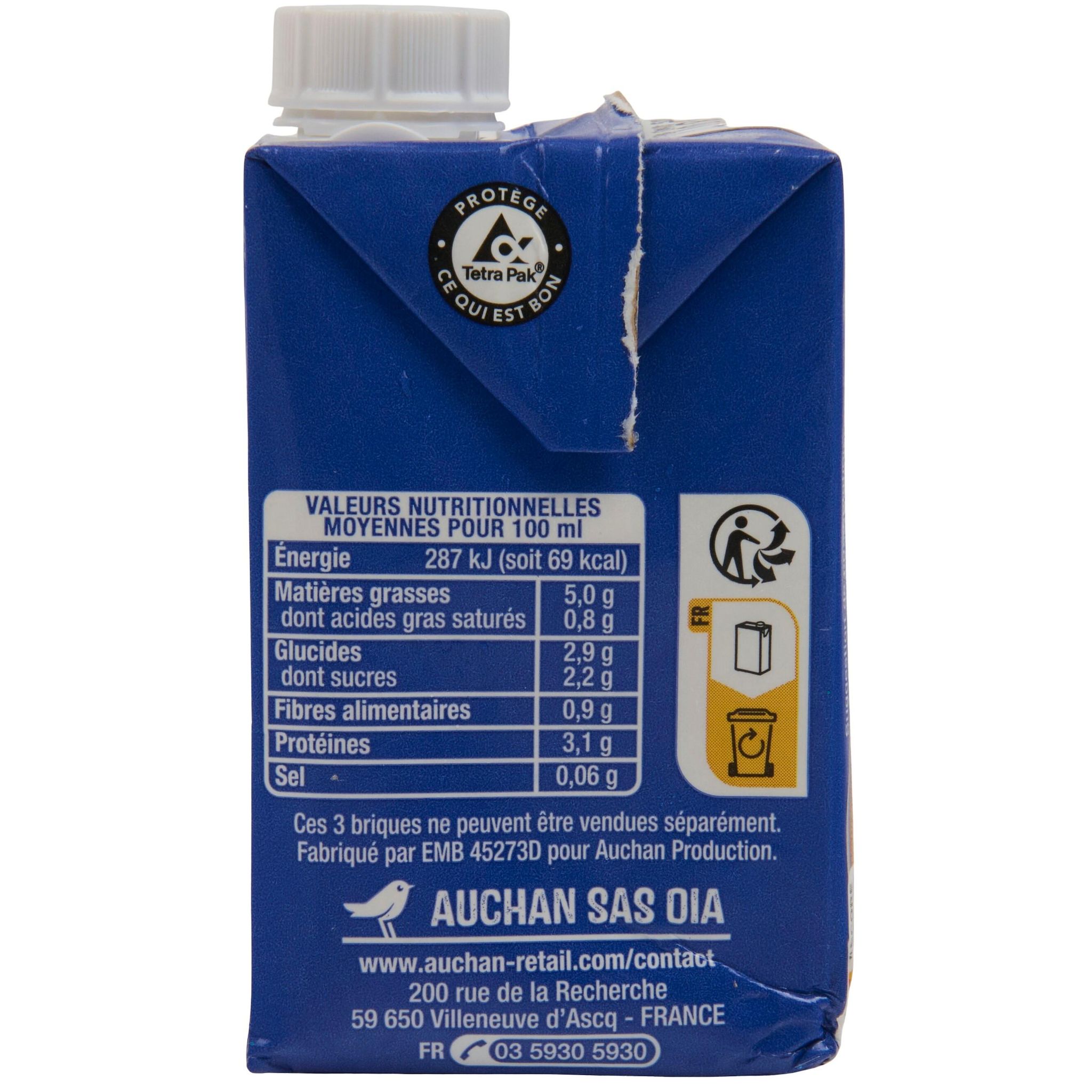 Voir la diapositive 2 : AUCHAN Préparation culinaire à base de soja 5%MG UHT 3x20cl