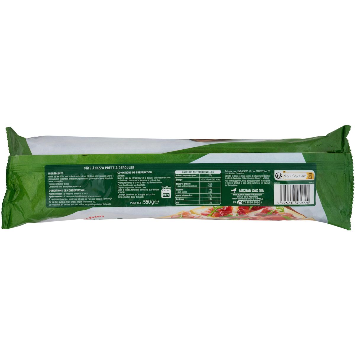 AUCHAN Pâte à pizza rectangulaire XXL 550g