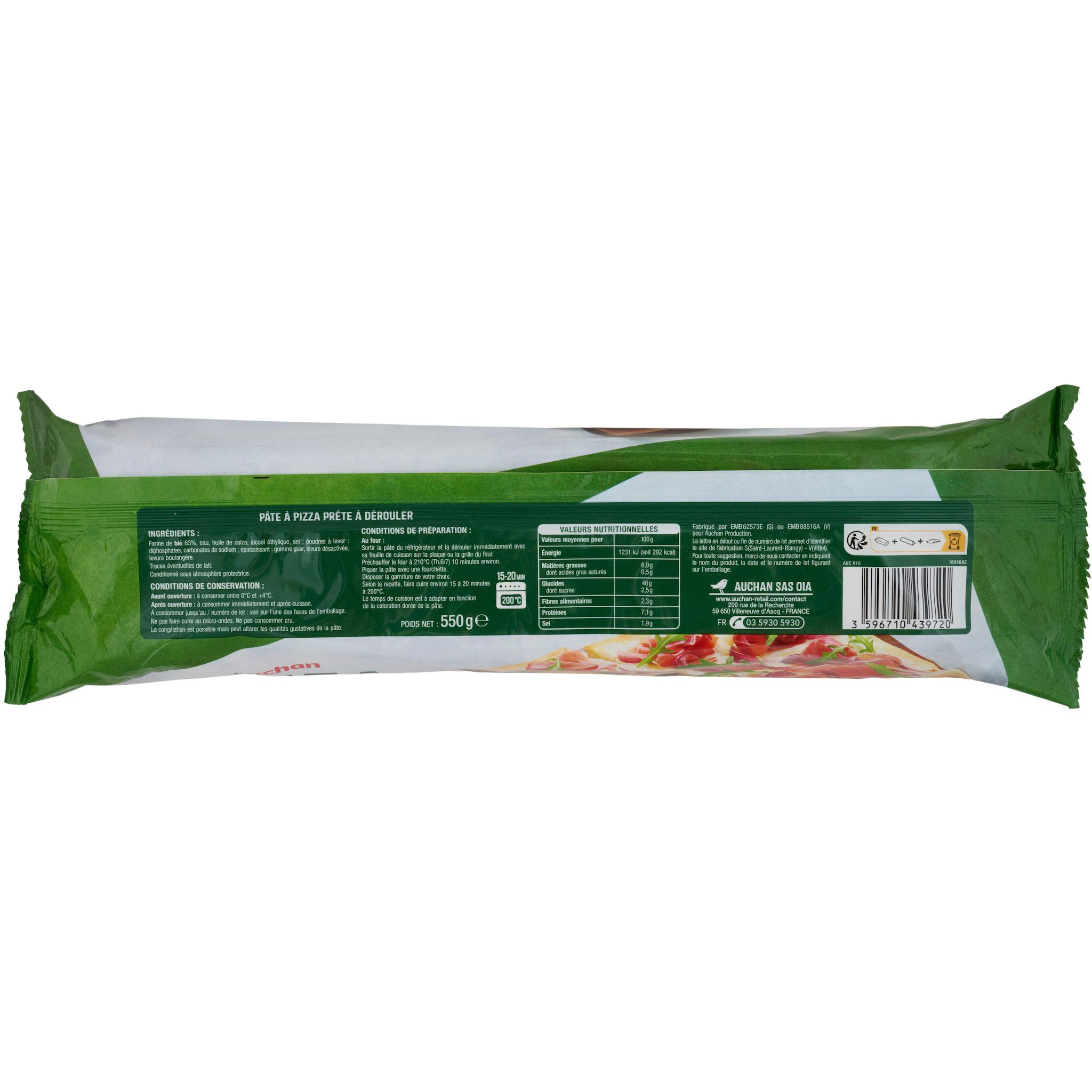 Voir la diapositive 3 : AUCHAN Pâte à pizza rectangulaire XXL 550g