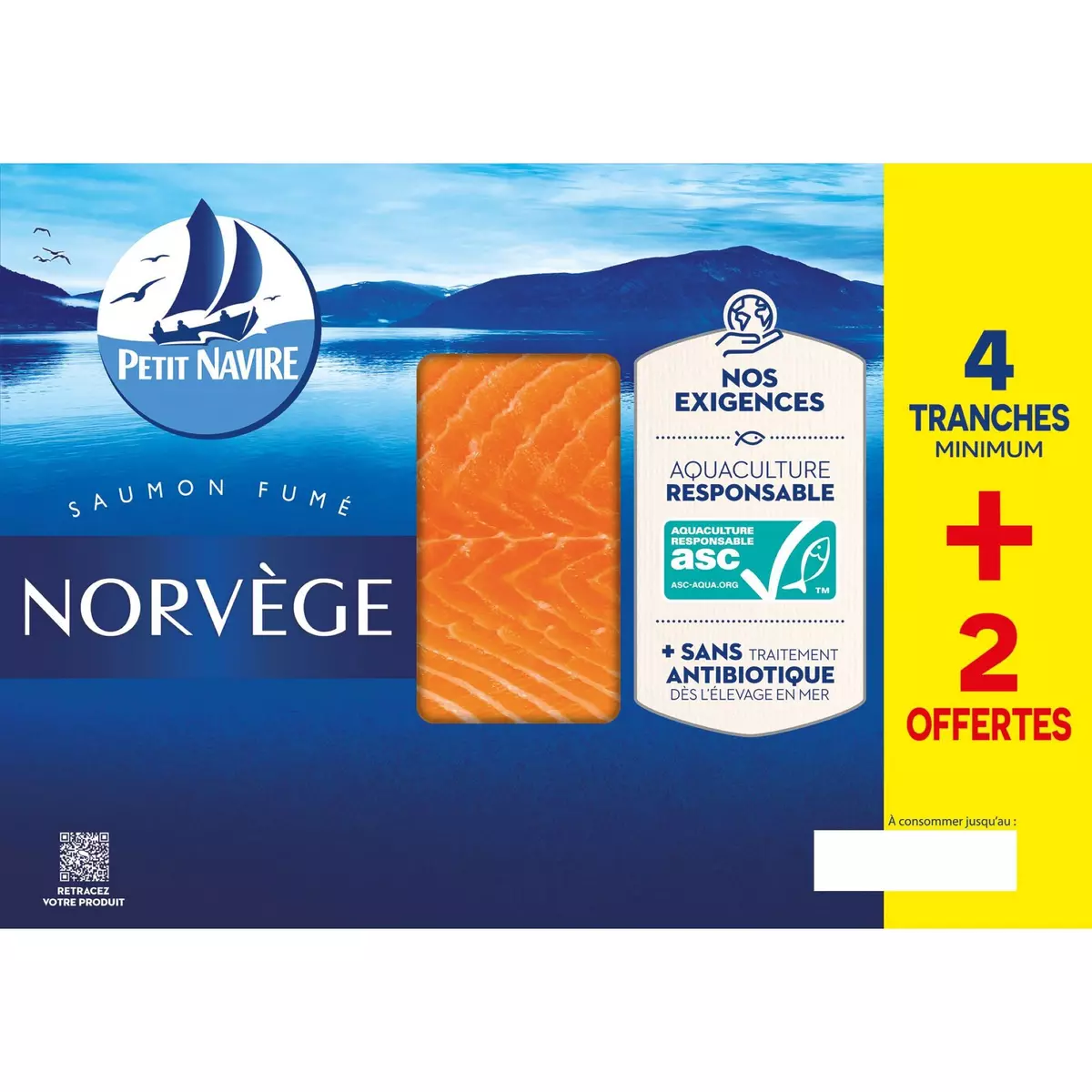 PETIT NAVIRE Saumon fumé de Norvège en tranches ASC sans antibiotiques 4 tranches+2 offertes 160g