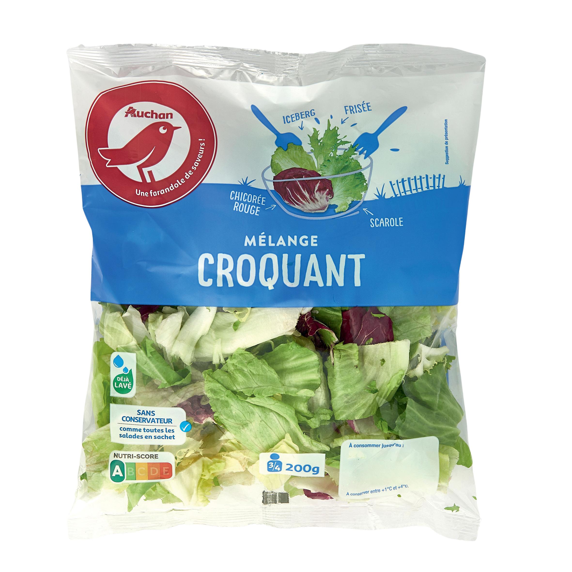 Voir la diapositive 2 : AUCHAN Mélange croquant de frisée chicorée rouge scarole et iceberg 3-4 parts 200g