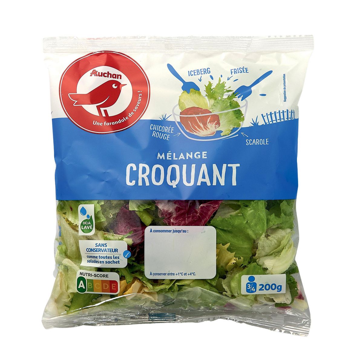 AUCHAN Mélange croquant de frisée chicorée rouge scarole et iceberg 3-4 parts 200g
