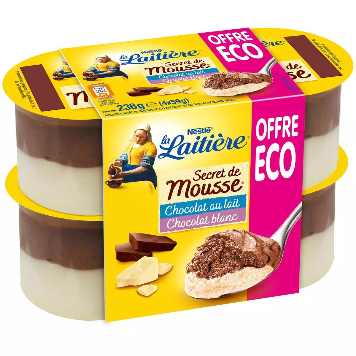 LA LAITIERE Secret de mousse duo chocolat au lait et chocolat blanc 4x59g