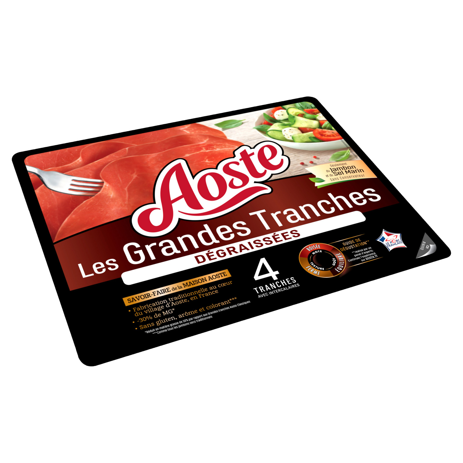 Voir la diapositive 2 : AOSTE Jambon cru grandes tranches dégraissées 4 tranches 100g