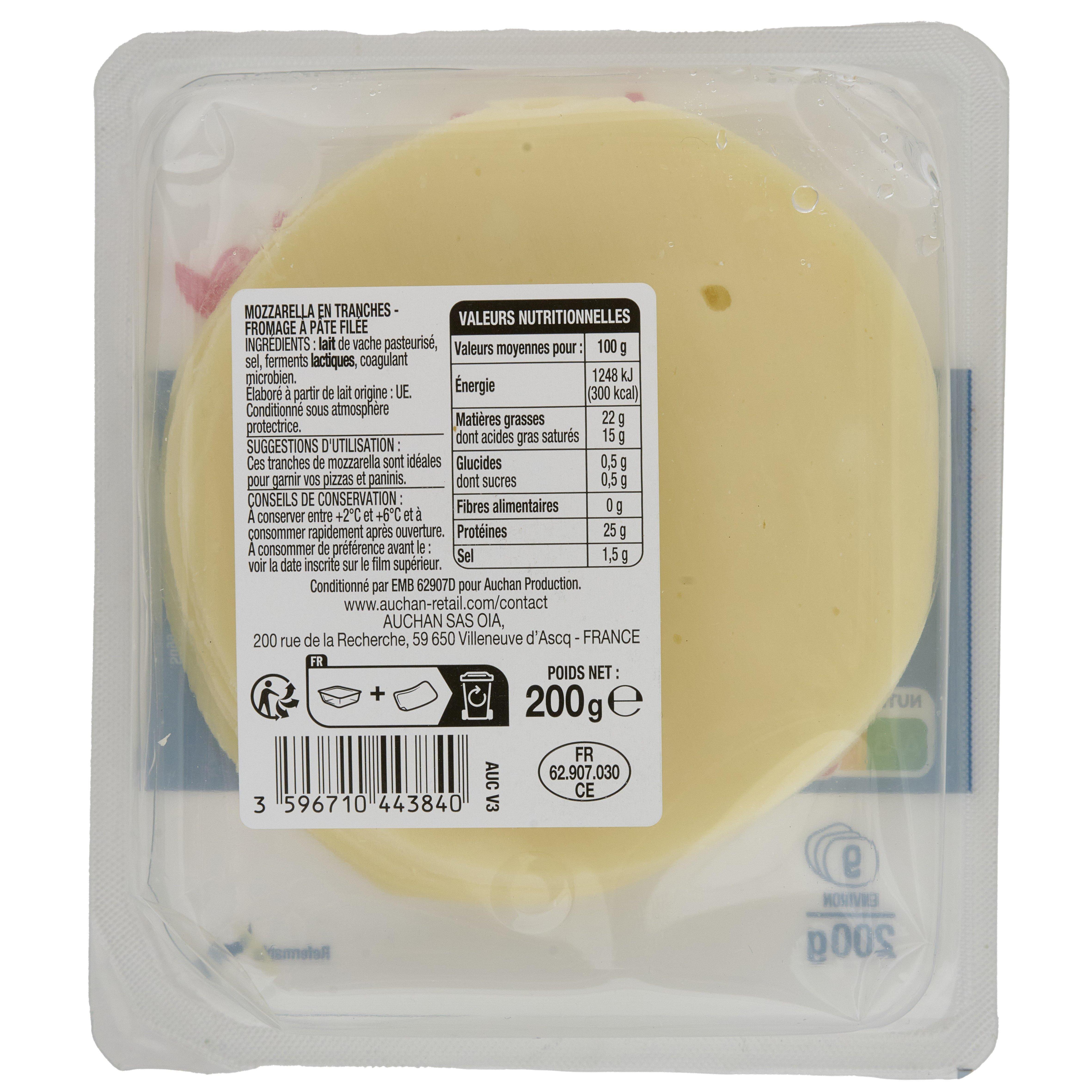 Voir la diapositive 2 : AUCHAN Mozzarella en tranche 9 tranches 200g