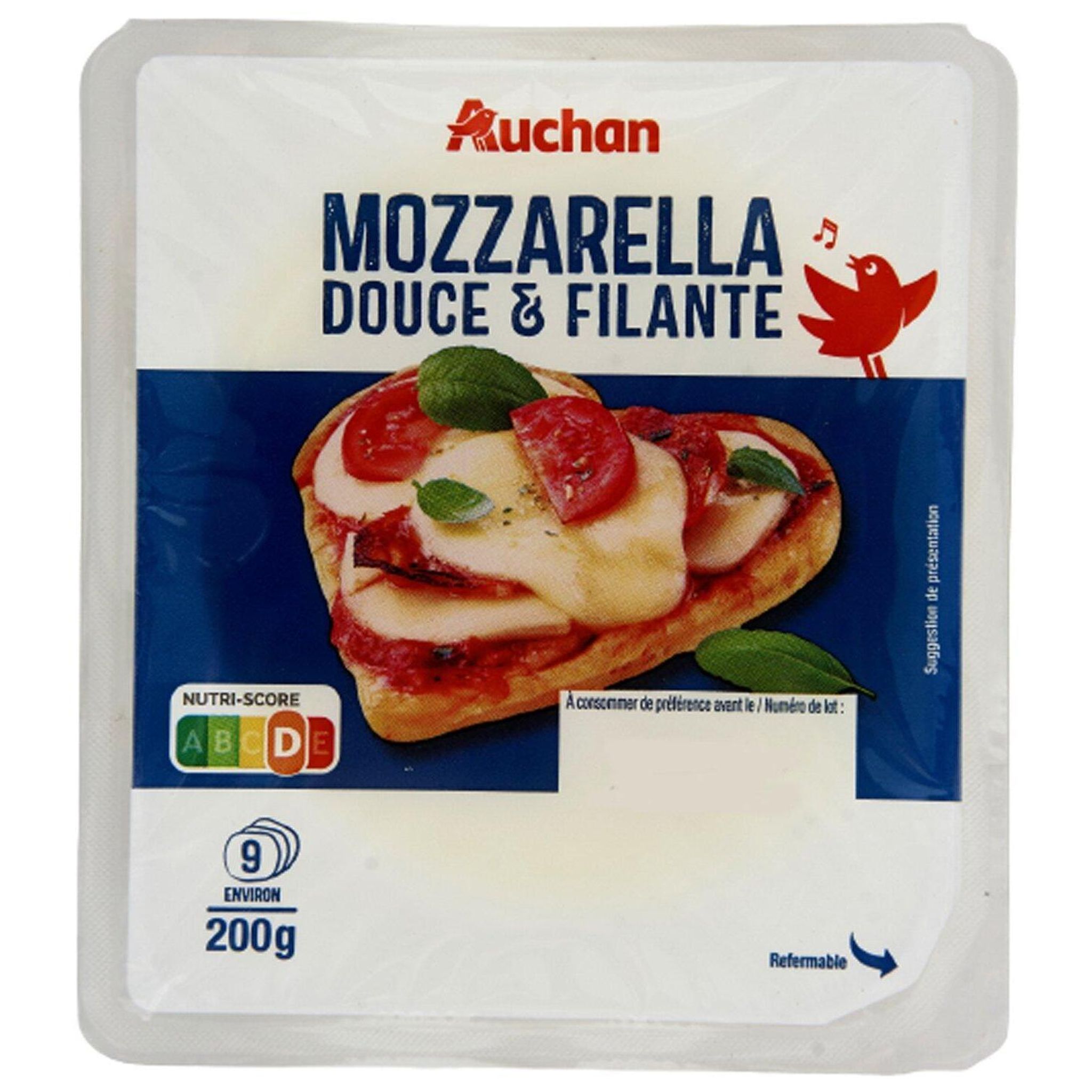 Voir la diapositive 2 : AUCHAN Mozzarella en tranche 9 tranches 200g