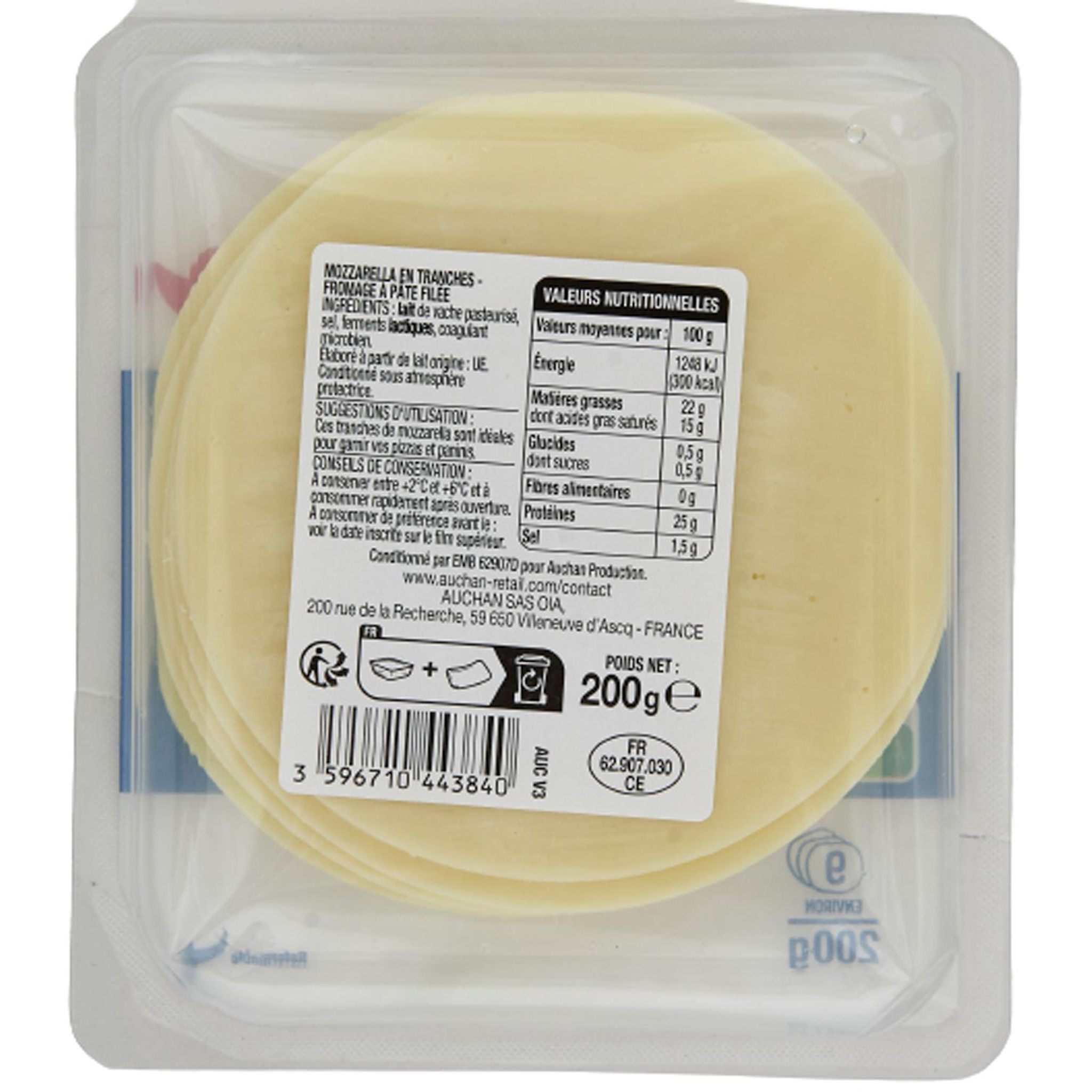 Voir la diapositive 3 : AUCHAN Mozzarella en tranche 9 tranches 200g