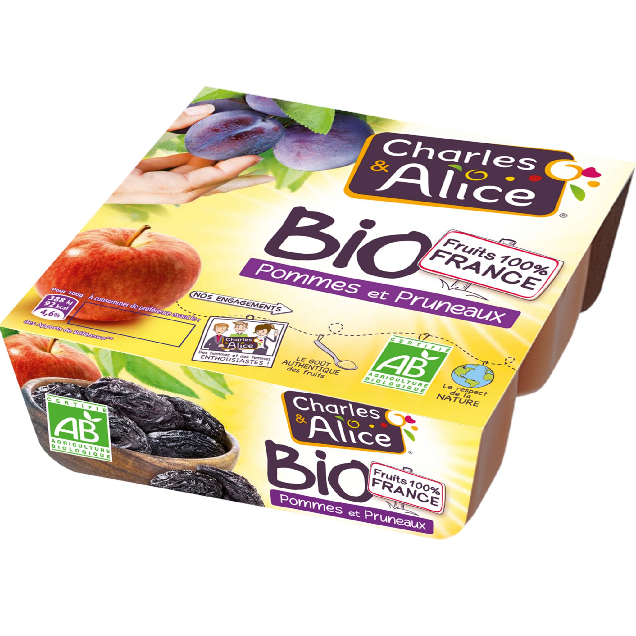 CHARLES & ALICE Spécialité bio pomme pruneau 4x95g pas cher Auchan.fr