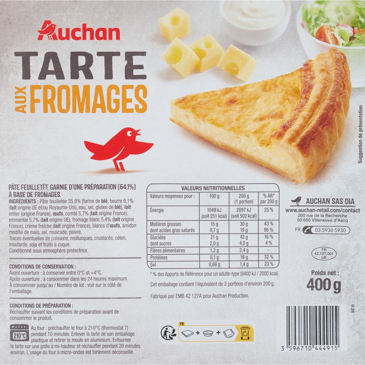 AUCHAN Tarte aux fromages 2 parts 400g