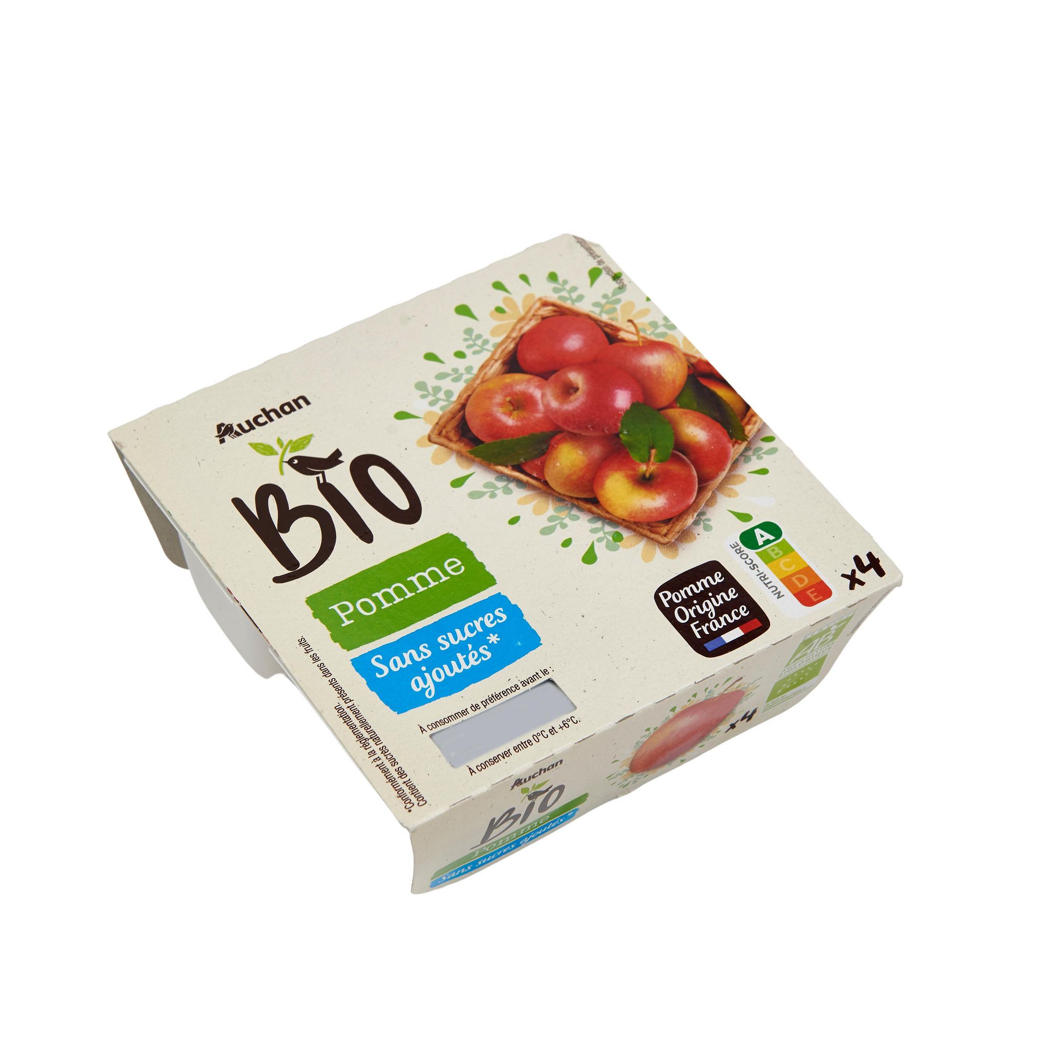 Voir la diapositive 2 : AUCHAN BIO Spécialité pomme sans sucres ajoutés 4x95g