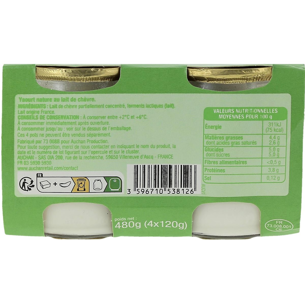 AUCHAN Yaourt au lait de chèvre nature 4x120g