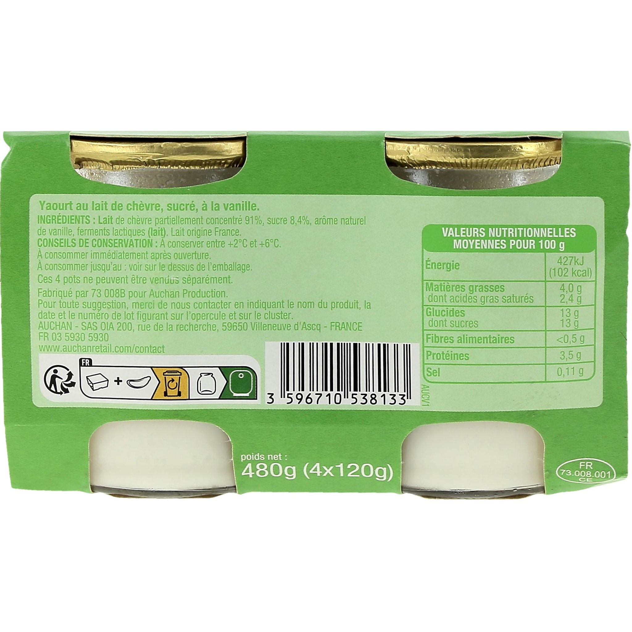 Voir la diapositive 2 : AUCHAN Yaourt vanille au lait de chèvre 4x115g