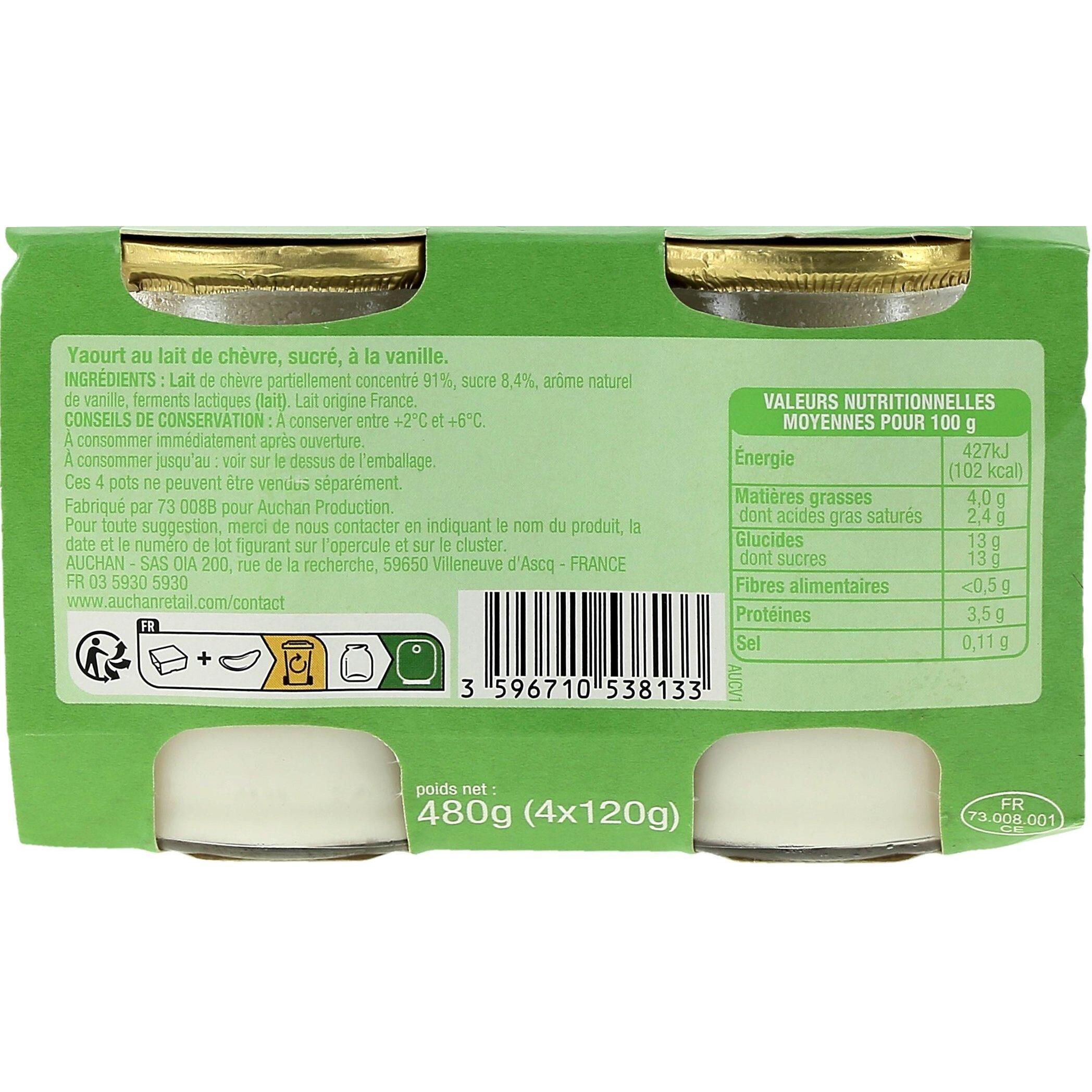 Voir la diapositive 3 : AUCHAN Yaourt vanille au lait de chèvre 4x115g