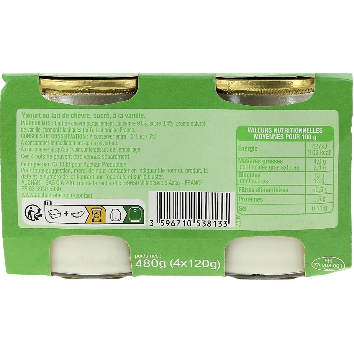 AUCHAN Yaourt vanille au lait de chèvre 4x115g