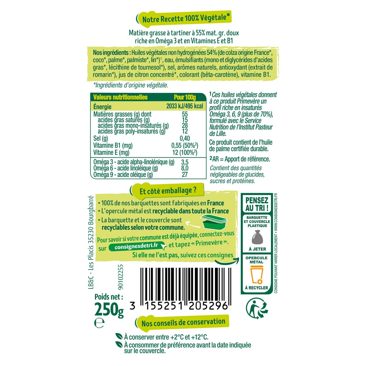 PRIMEVERE Margarine doux pour tartine 250g