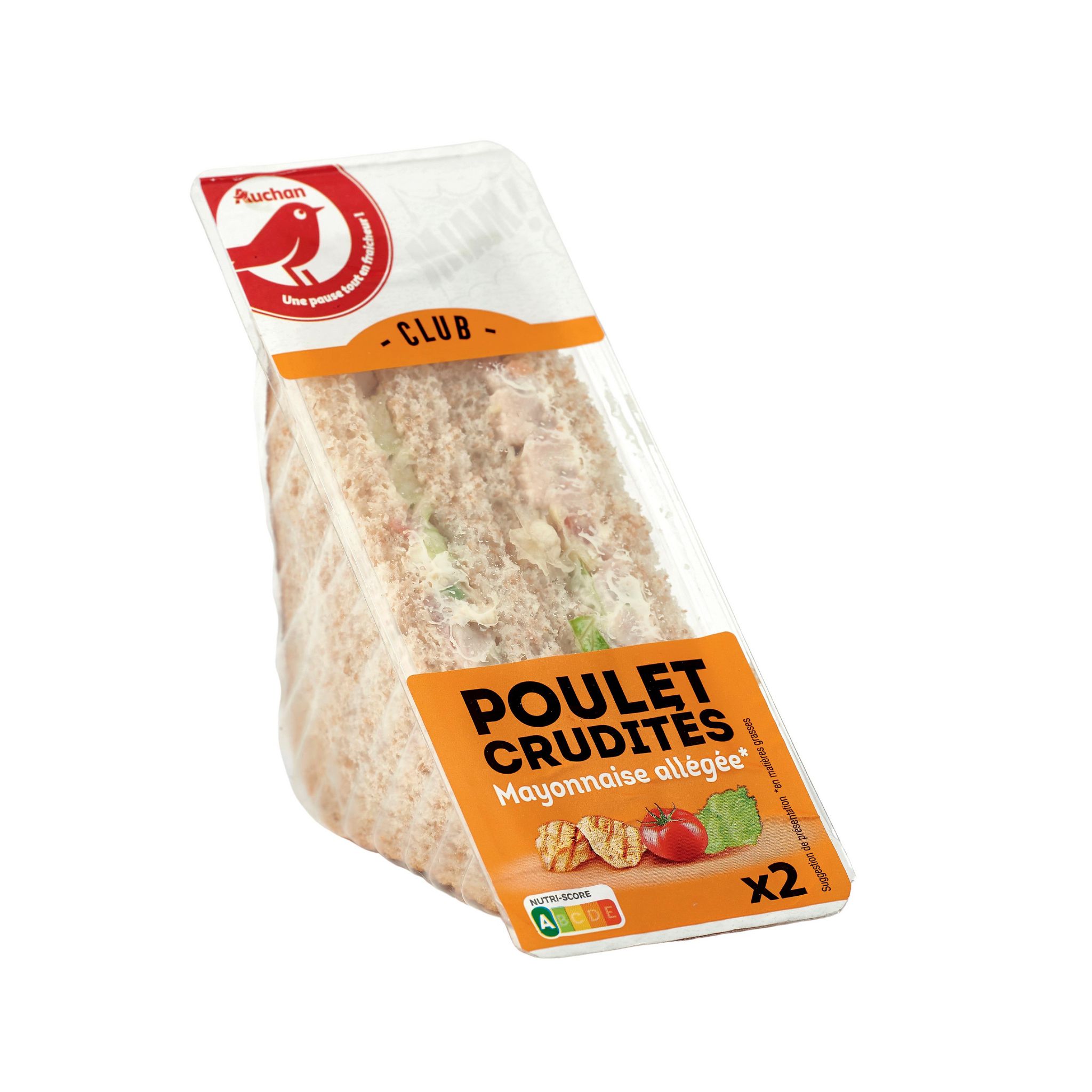 Voir la diapositive 2 : AUCHAN Sandwich club poulet crudités 145g