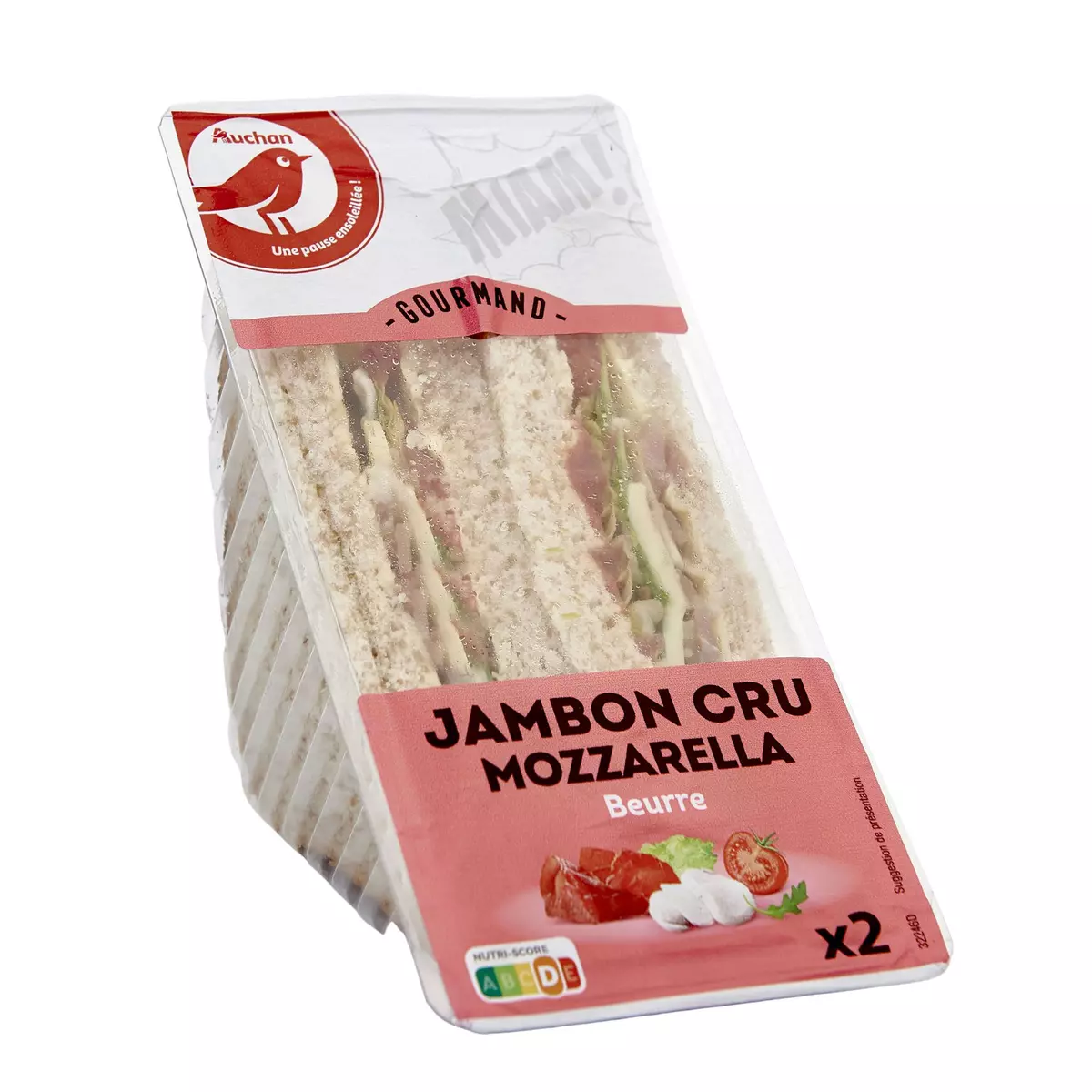 AUCHAN Sandwich club farine complète jambon cru mozzarella crudités 2 pièces 190g