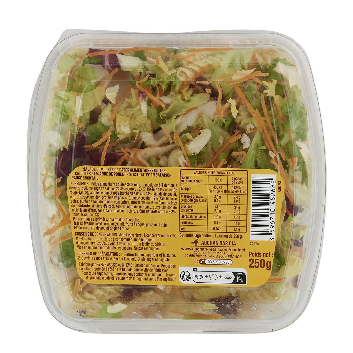 AUCHAN Salade de pâtes au poulet et crudités sans couverts 1 part 250g