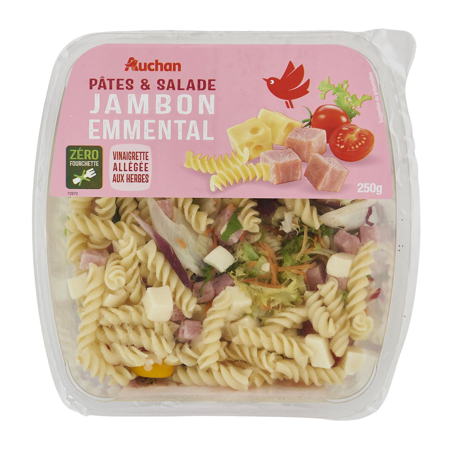 Voir la diapositive 2 : AUCHAN Salade pâtes jambon sans couverts 1 part 250g