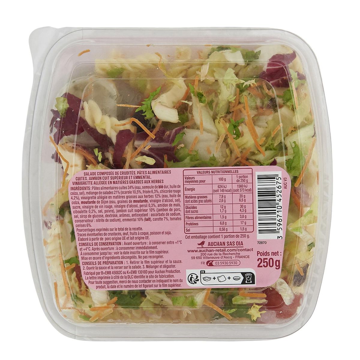 AUCHAN Salade pâtes jambon sans couverts 1 part 250g