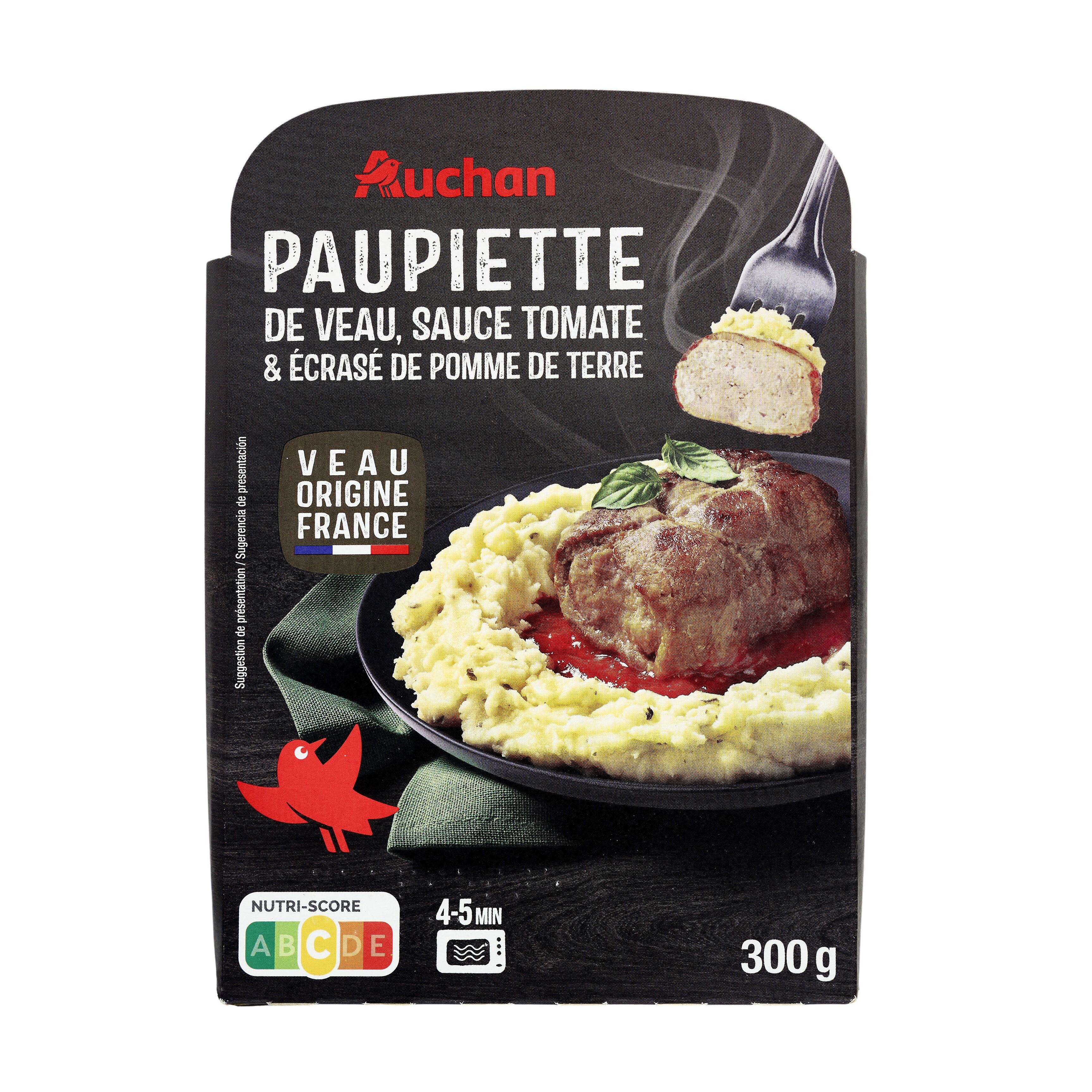 Voir la diapositive 2 : AUCHAN Paupiette de veau à la sauce tomate et écrasé de pomme de terre 1 part 300g