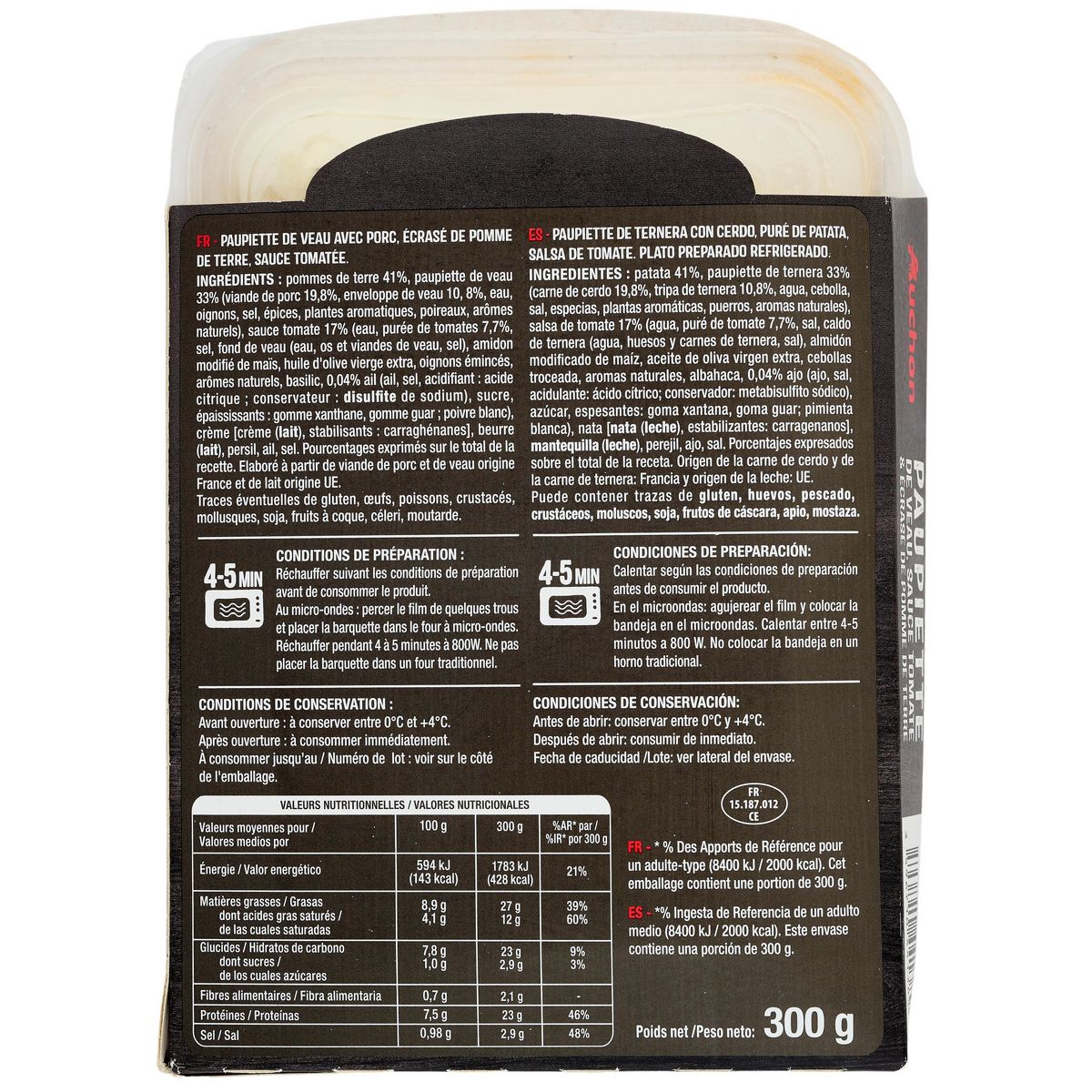 AUCHAN Paupiette de veau à la sauce tomate et écrasé de pomme de terre 1 part 300g