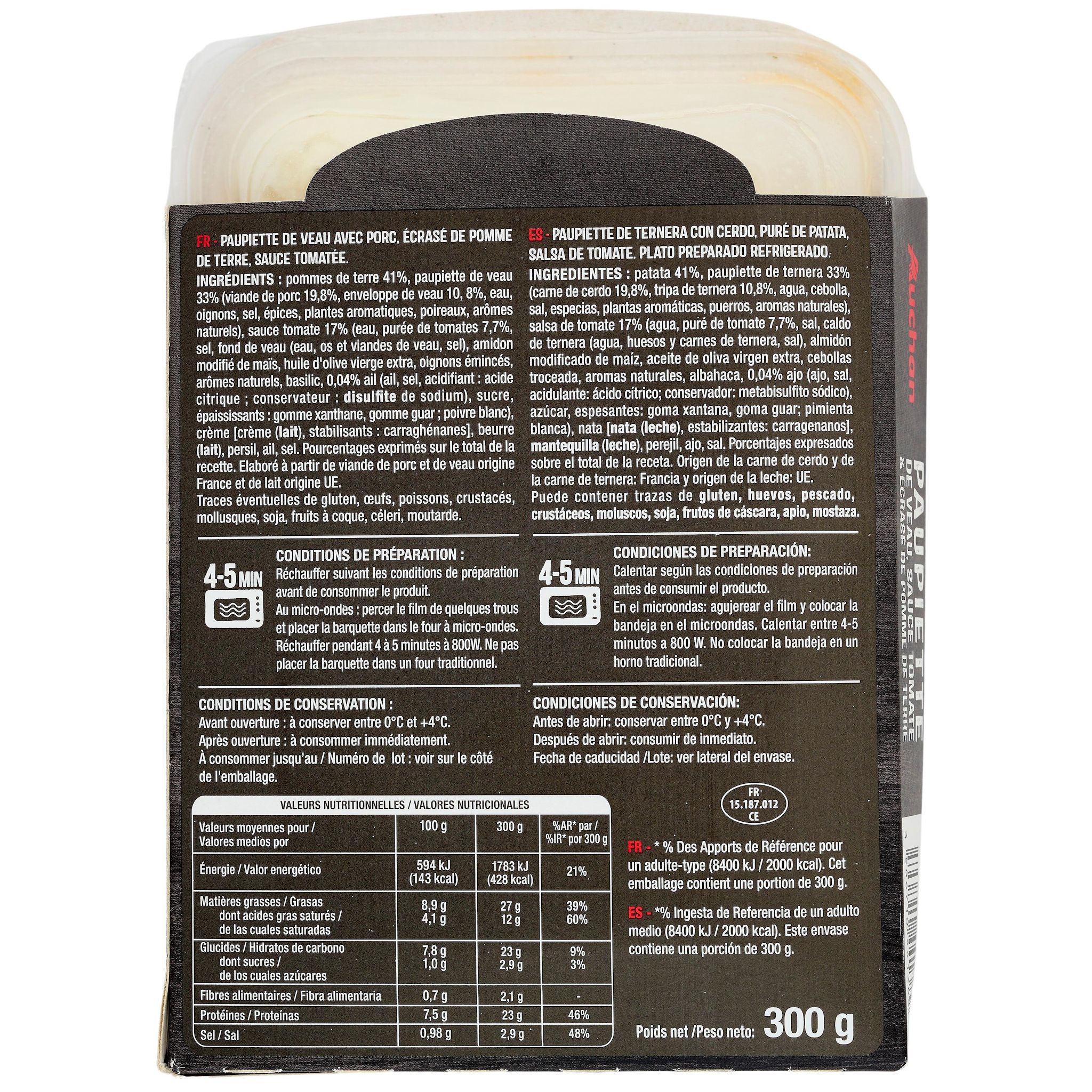 Voir la diapositive 4 : AUCHAN Paupiette de veau à la sauce tomate et écrasé de pomme de terre 1 part 300g