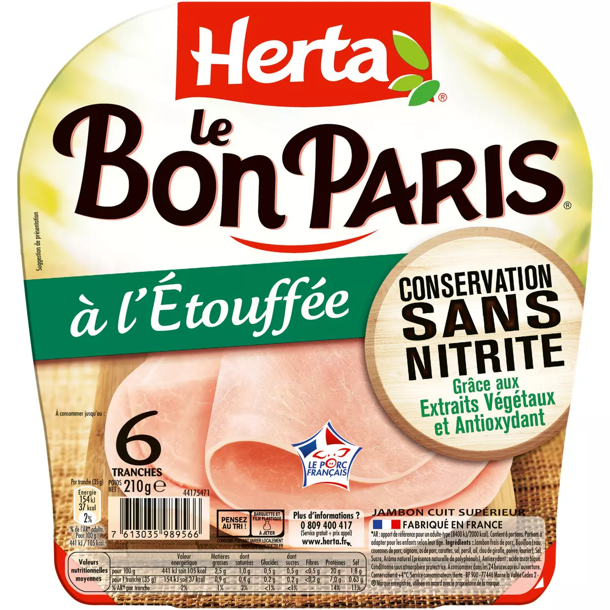 HERTA Le bon Paris jambon cuit à l'étouffée sans nitrite 6 tranches 210g