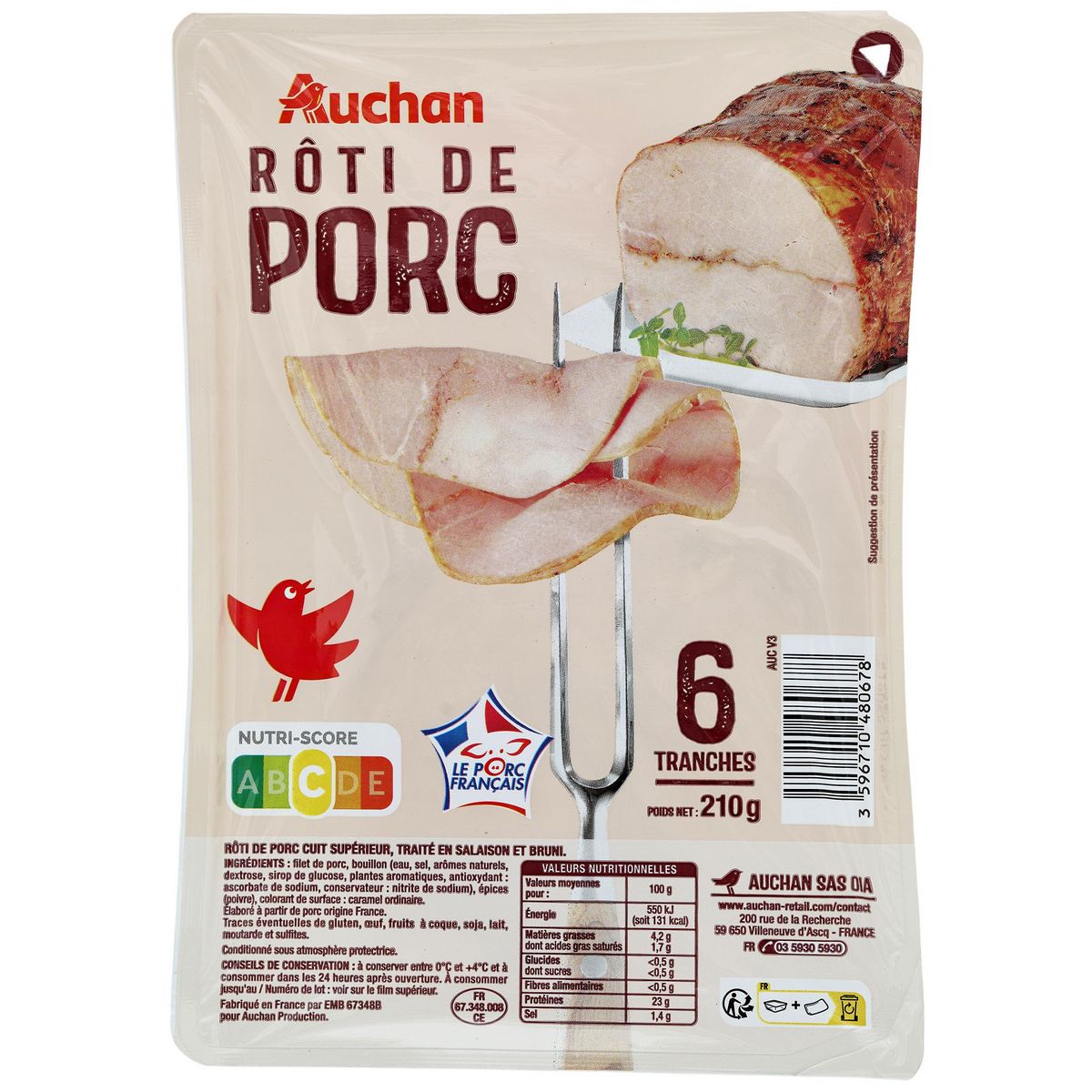 AUCHAN Roti de porc supérieur 6 tranches 210g
