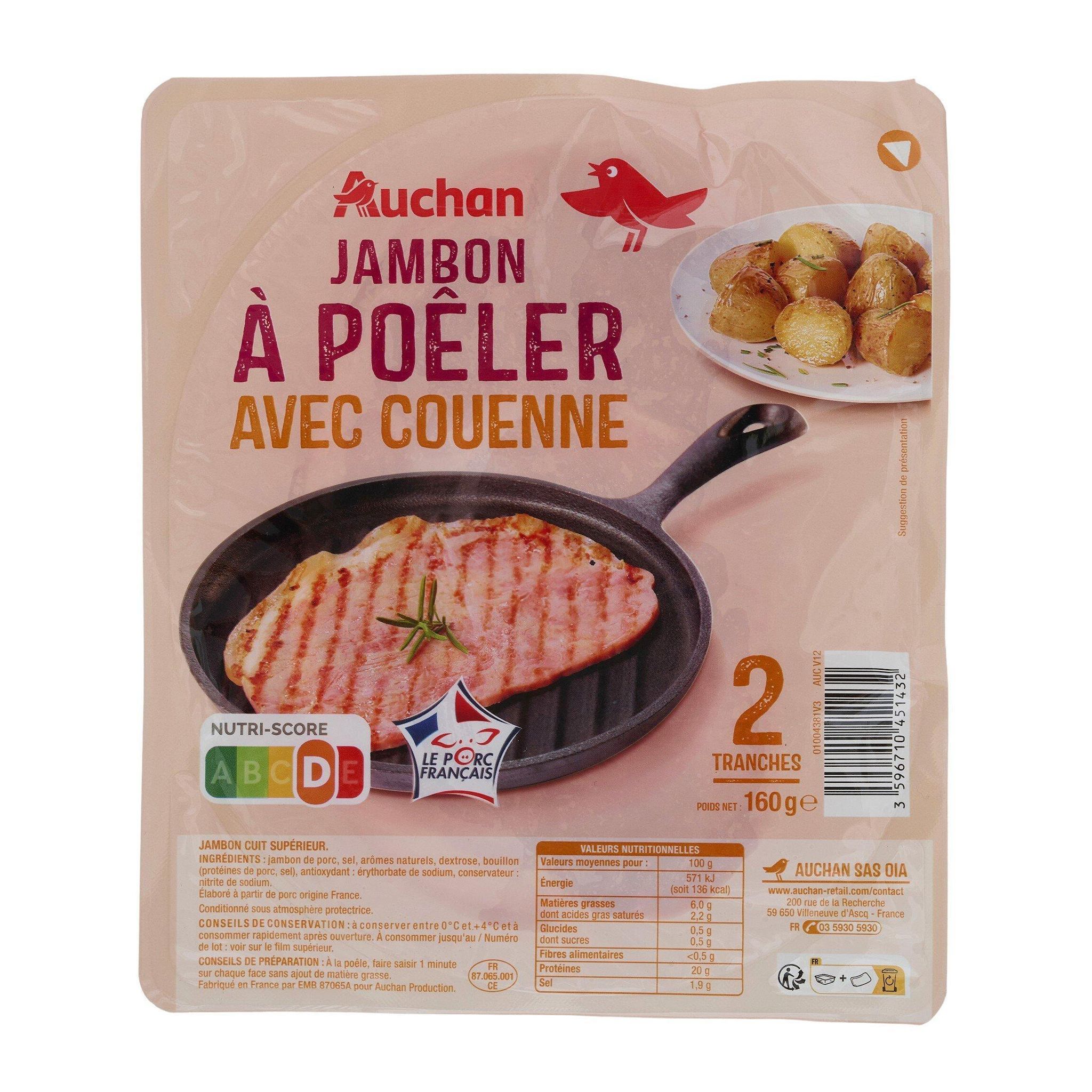 Voir la diapositive 2 : AUCHAN Jambon à griller avec couenne 2 tranches 160g
