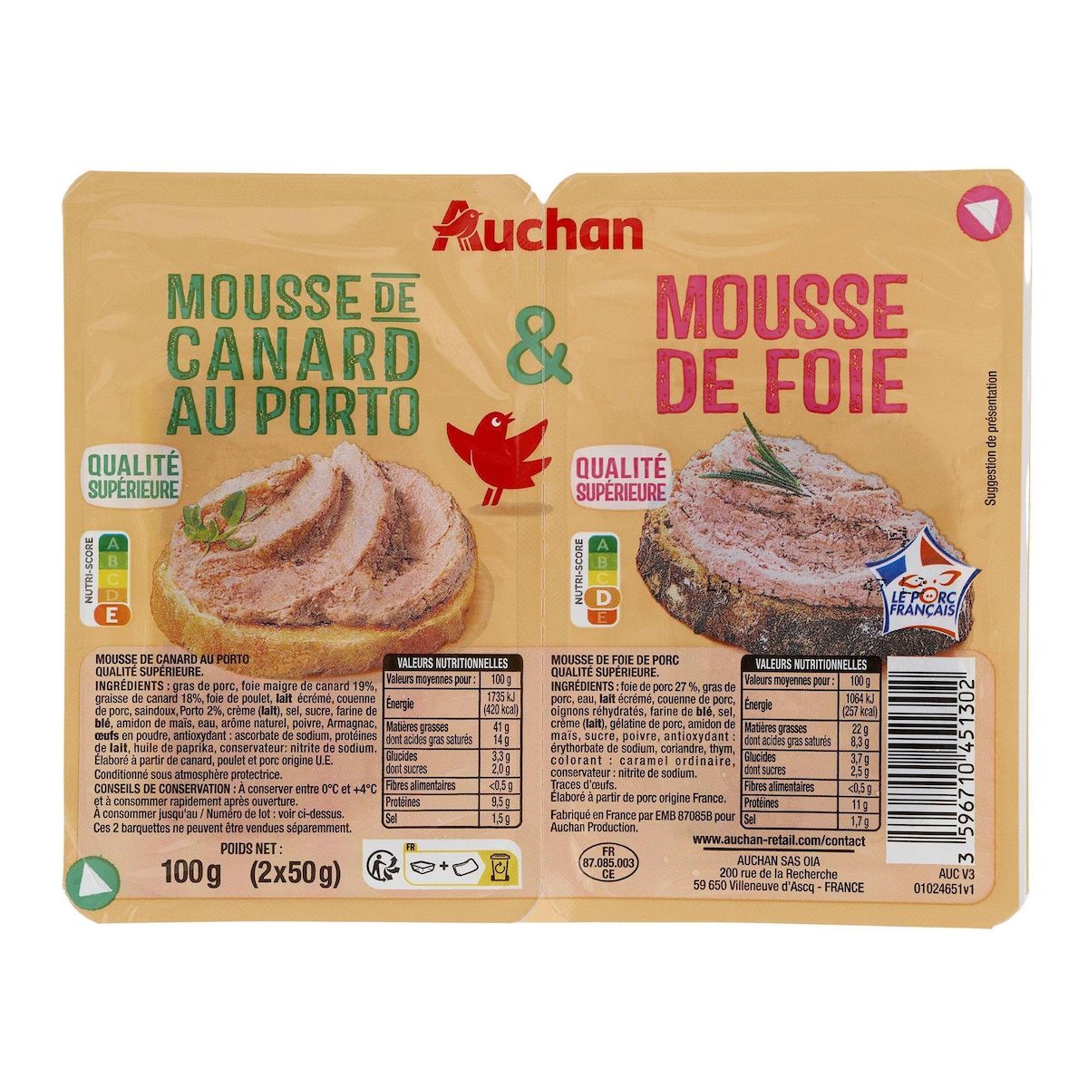 AUCHAN Mousse de foie de porc et mousse de canard au porto 2 pièces 100g