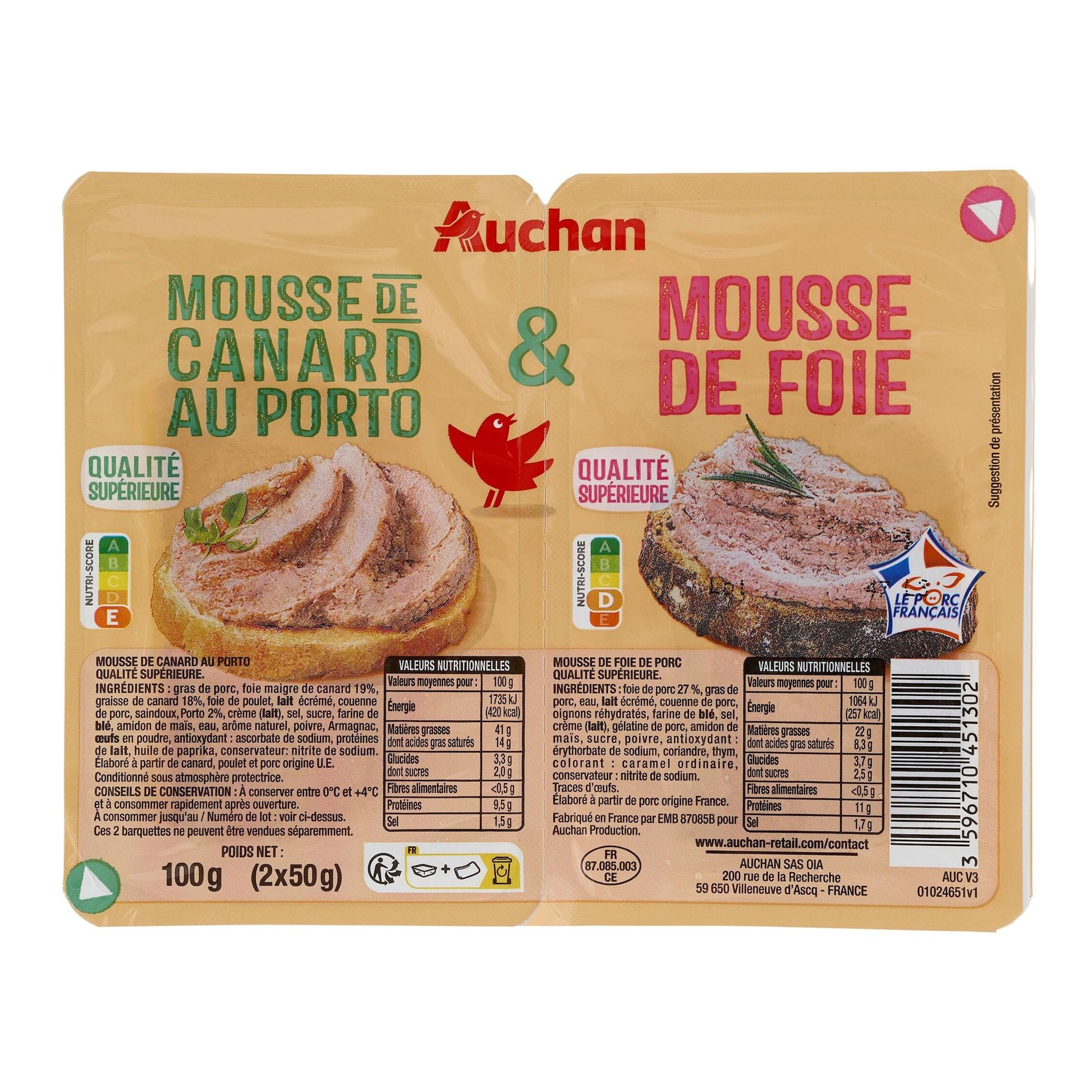 Voir la diapositive 2 : AUCHAN Mousse de foie de porc et mousse de canard au porto 2 pièces 100g