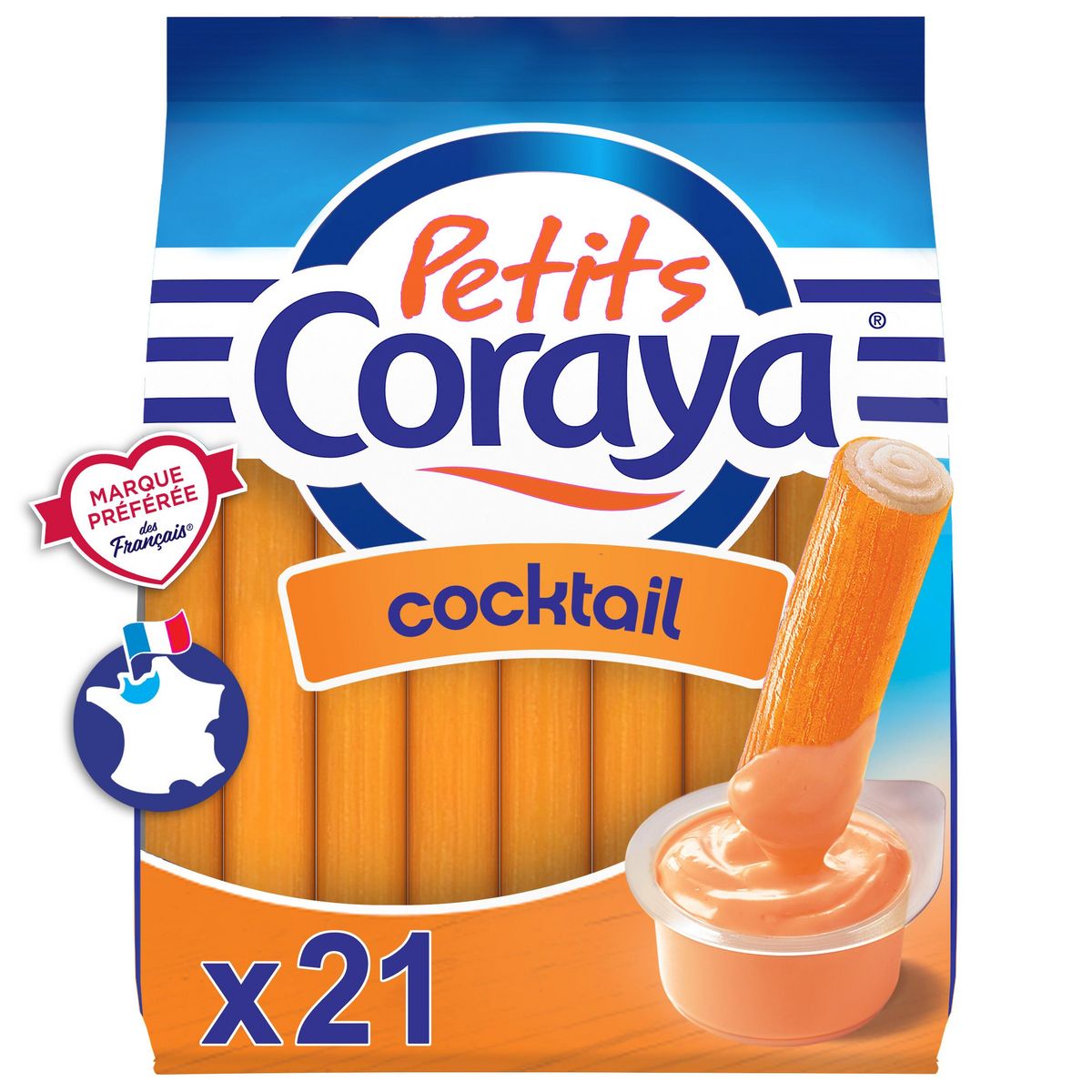 CORAYA Bâtonnets de surimi sauce cocktail 21 pièces + 1 sauce 210g
