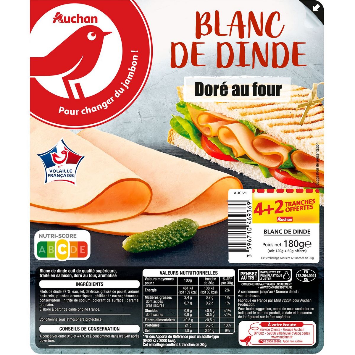 AUCHAN Blanc de dinde 4+2 tranches 190g