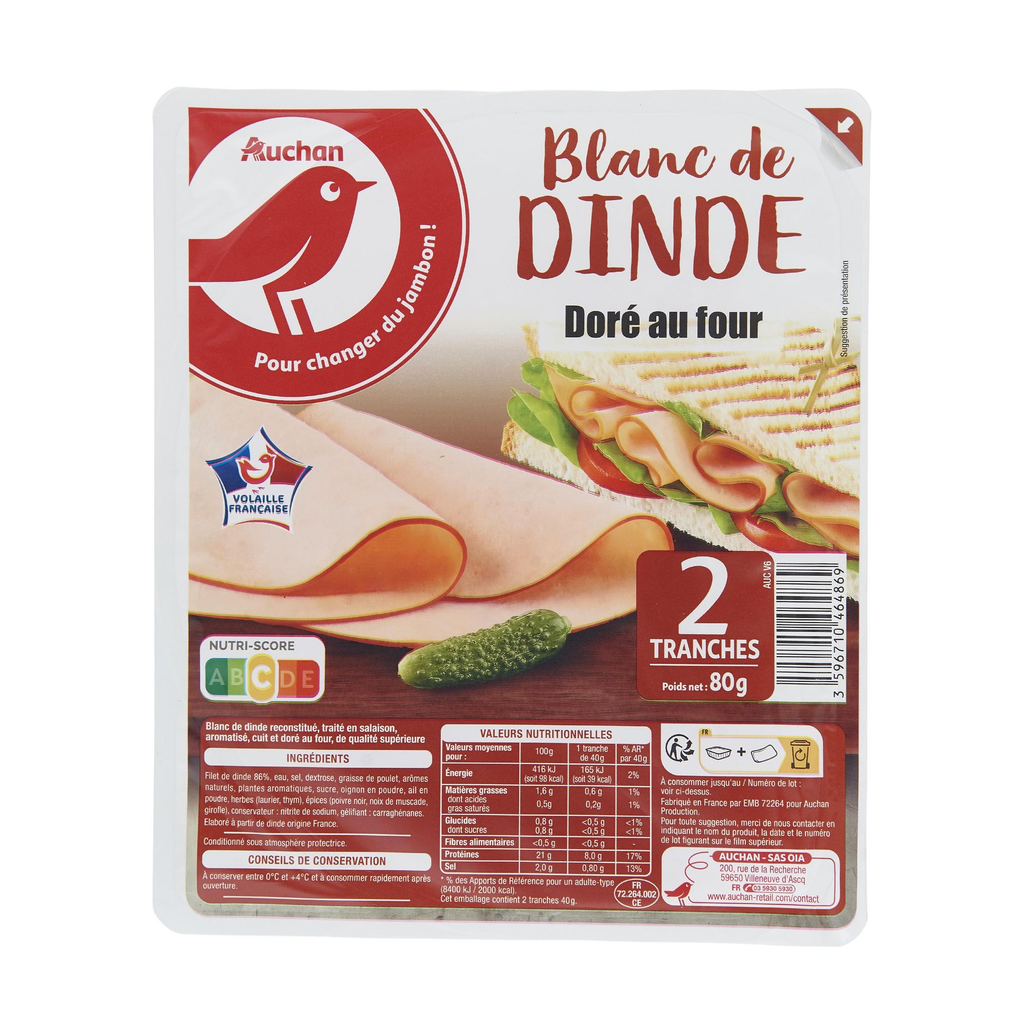 Voir la diapositive 2 : AUCHAN Blanc de dinde 2 tranches 80g