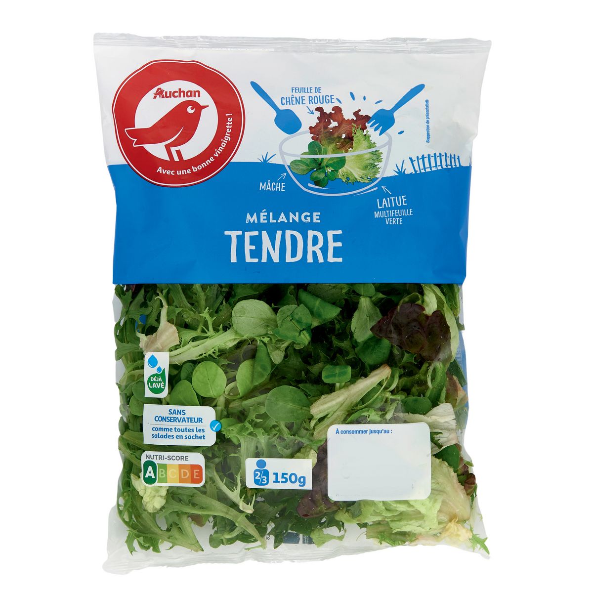 AUCHAN Mélange tendre de laitue, feuille de chêne rouge et mâche 150g