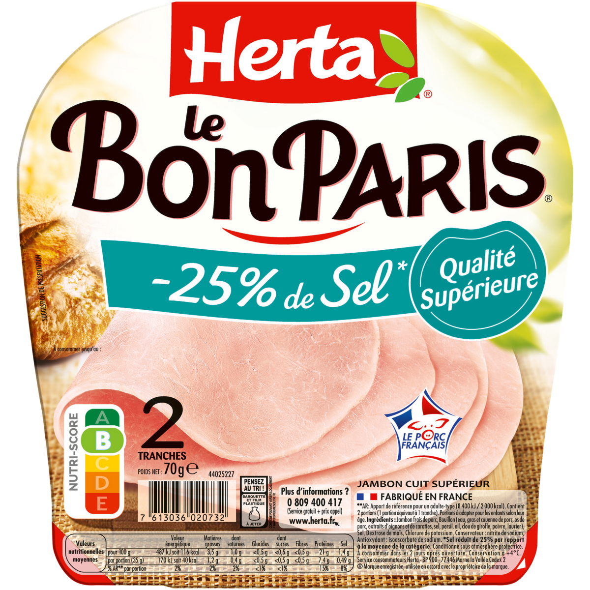 HERTA Jambon réduit en sel 2 tranches 70g